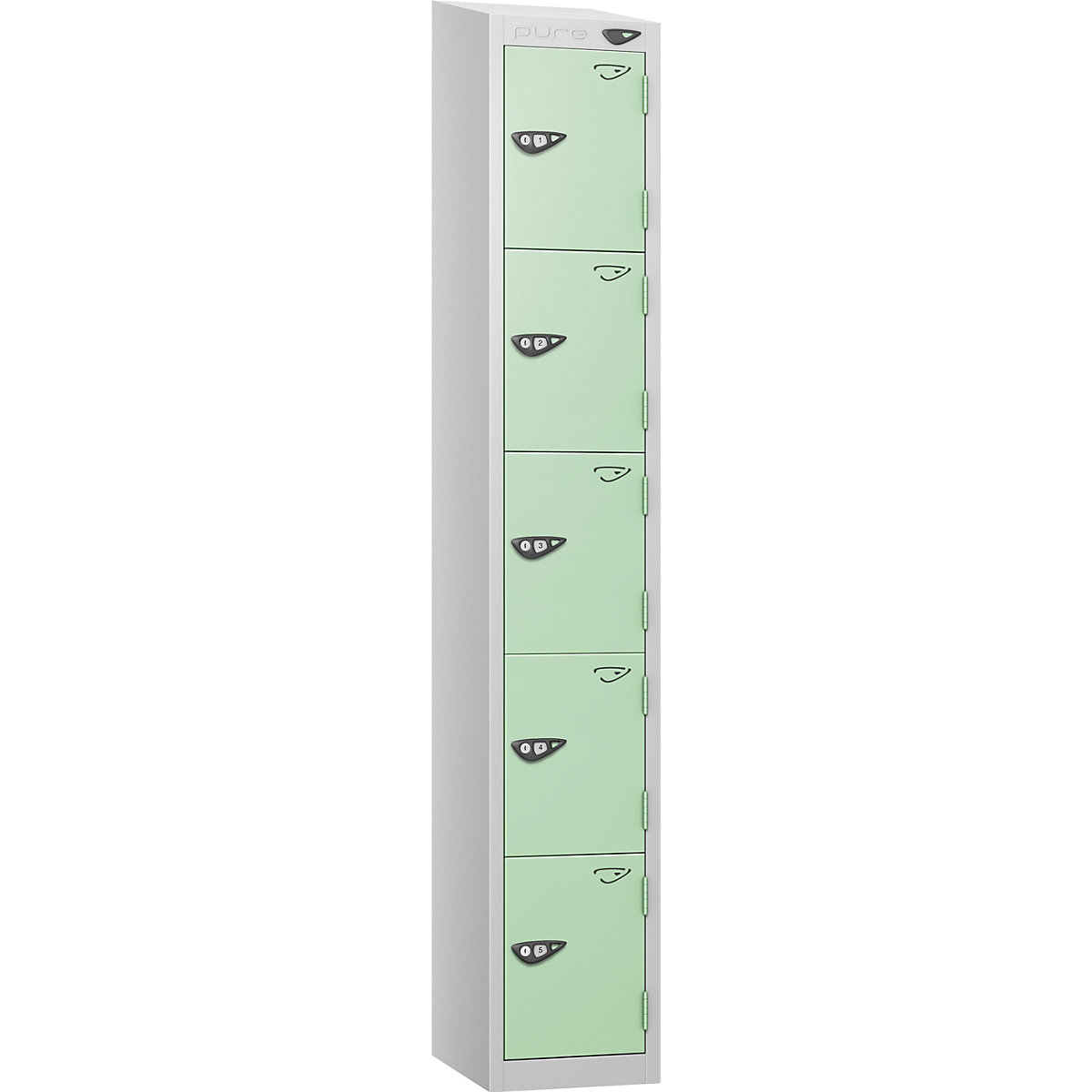 Pure Style Sloping Top Metal Lockers with Combination Locks | Pearl Silver Bioshell, Pure Style Sloping Top Metal Lockers with Combination Locks | Pearl Silver Bioshell, Pure Style Sloping Top Metal Lockers | 1800h x 300w x 450d mm | 5 Door | Digital Combination Lock | Pearl Silver Carcass | Mint Doors-0