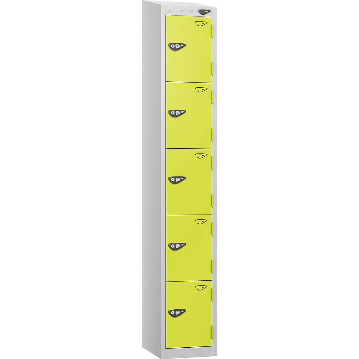 Pure Style Sloping Top Metal Lockers with Combination Locks | Pearl Silver Bioshell, Pure Style Sloping Top Metal Lockers with Combination Locks | Pearl Silver Bioshell, Pure Style Sloping Top Metal Lockers | 1800h x 300w x 300d mm | 5 Door | Digital Combination Lock | Pearl Silver Carcass | Lime Light Doors-0
