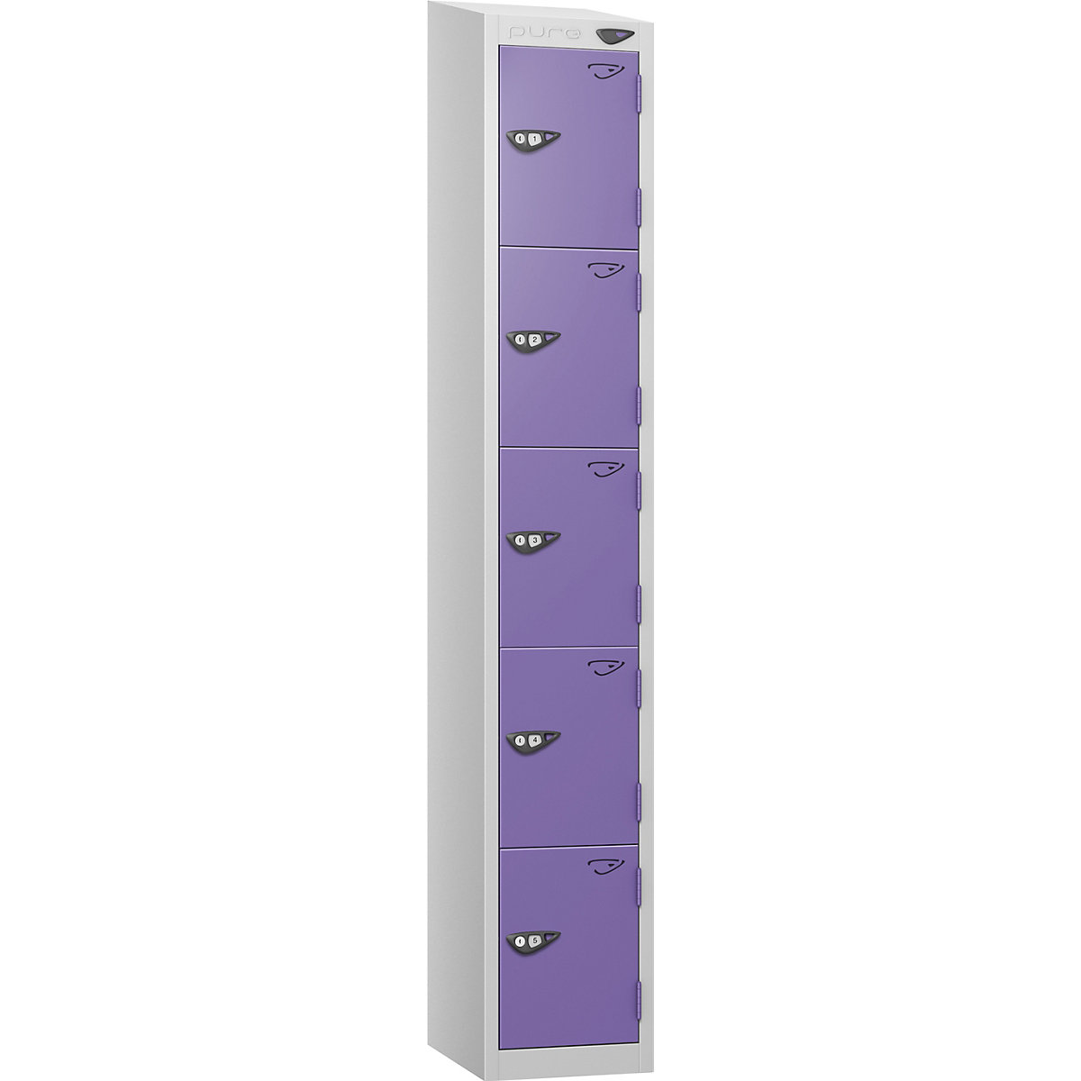 Pure Style Sloping Top Metal Lockers with Combination Locks | Pearl Silver Bioshell, Pure Style Sloping Top Metal Lockers with Combination Locks | Pearl Silver Bioshell, Pure Style Sloping Top Metal Lockers | 1800h x 450w x 450d mm | 5 Door | Digital Combination Lock | Pearl Silver Carcass | Orchid Violet Doors-0