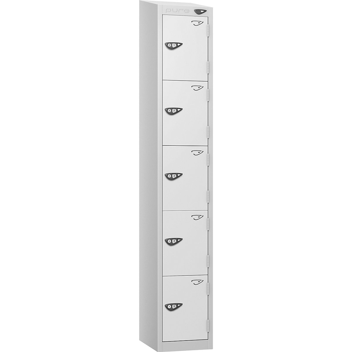 Pure Style Sloping Top Metal Lockers with Combination Locks | Pearl Silver Bioshell, Pure Style Sloping Top Metal Lockers with Combination Locks | Pearl Silver Bioshell, Pure Style Sloping Top Metal Lockers | 1800h x 300w x 450d mm | 5 Door | Digital Combination Lock | Pearl Silver Carcass | Arctic White Doors-0