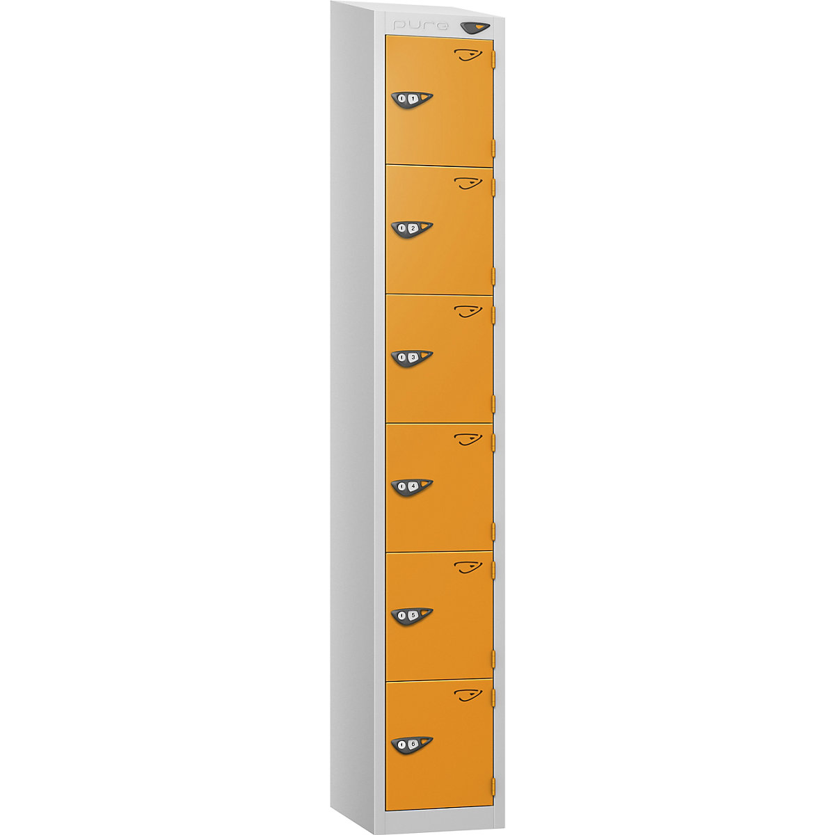 Pure Style Sloping Top Metal Lockers with Combination Locks | Pearl Silver Bioshell, Pure Style Sloping Top Metal Lockers with Combination Locks | Pearl Silver Bioshell, Pure Style Sloping Top Metal Lockers | 1800h x 300w x 450d mm | 6 Door | Digital Combination Lock | Pearl Silver Carcass | Magma Doors-0