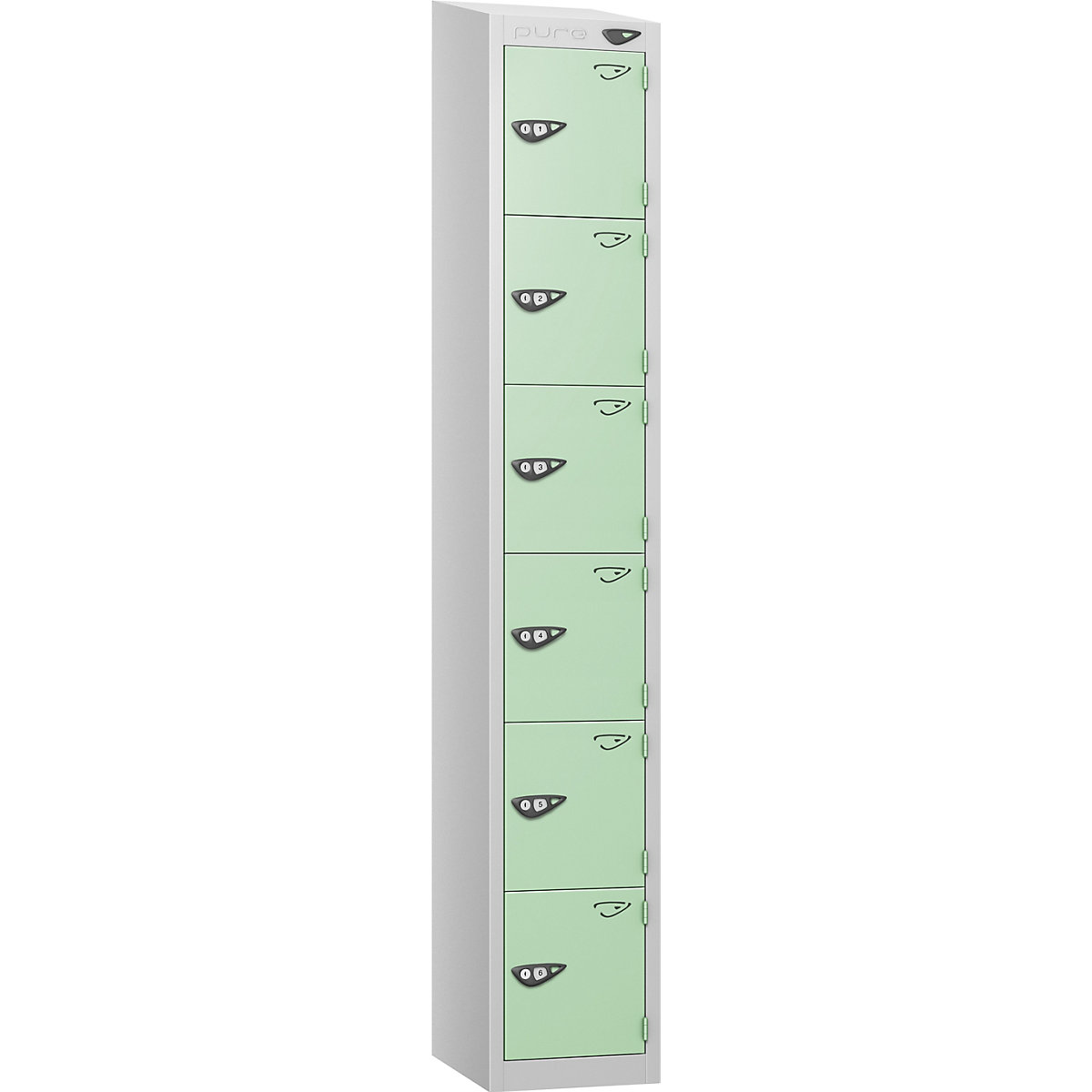 Pure Style Sloping Top Metal Lockers with Combination Locks | Pearl Silver Bioshell, Pure Style Sloping Top Metal Lockers with Combination Locks | Pearl Silver Bioshell, Pure Style Sloping Top Metal Lockers | 1800h x 300w x 450d mm | 6 Door | Digital Combination Lock | Pearl Silver Carcass | Mint Doors-0
