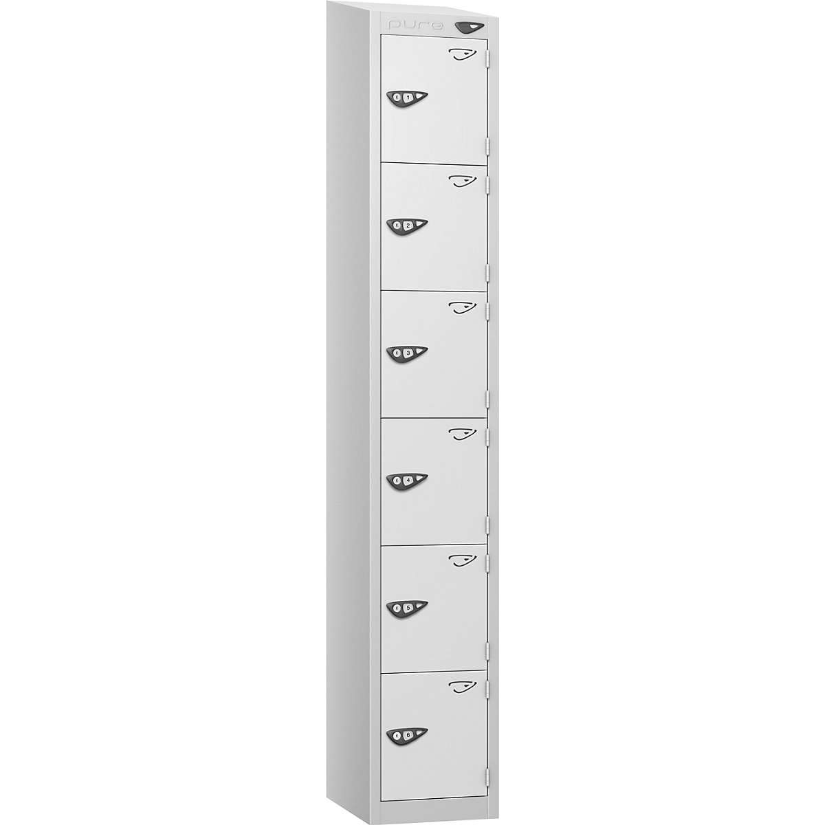 Pure Style Sloping Top Metal Lockers with Combination Locks | Pearl Silver Bioshell, Pure Style Sloping Top Metal Lockers with Combination Locks | Pearl Silver Bioshell, Pure Style Sloping Top Metal Lockers | 1800h x 300w x 450d mm | 6 Door | Digital Combination Lock | Pearl Silver Carcass | Arctic White Doors-0