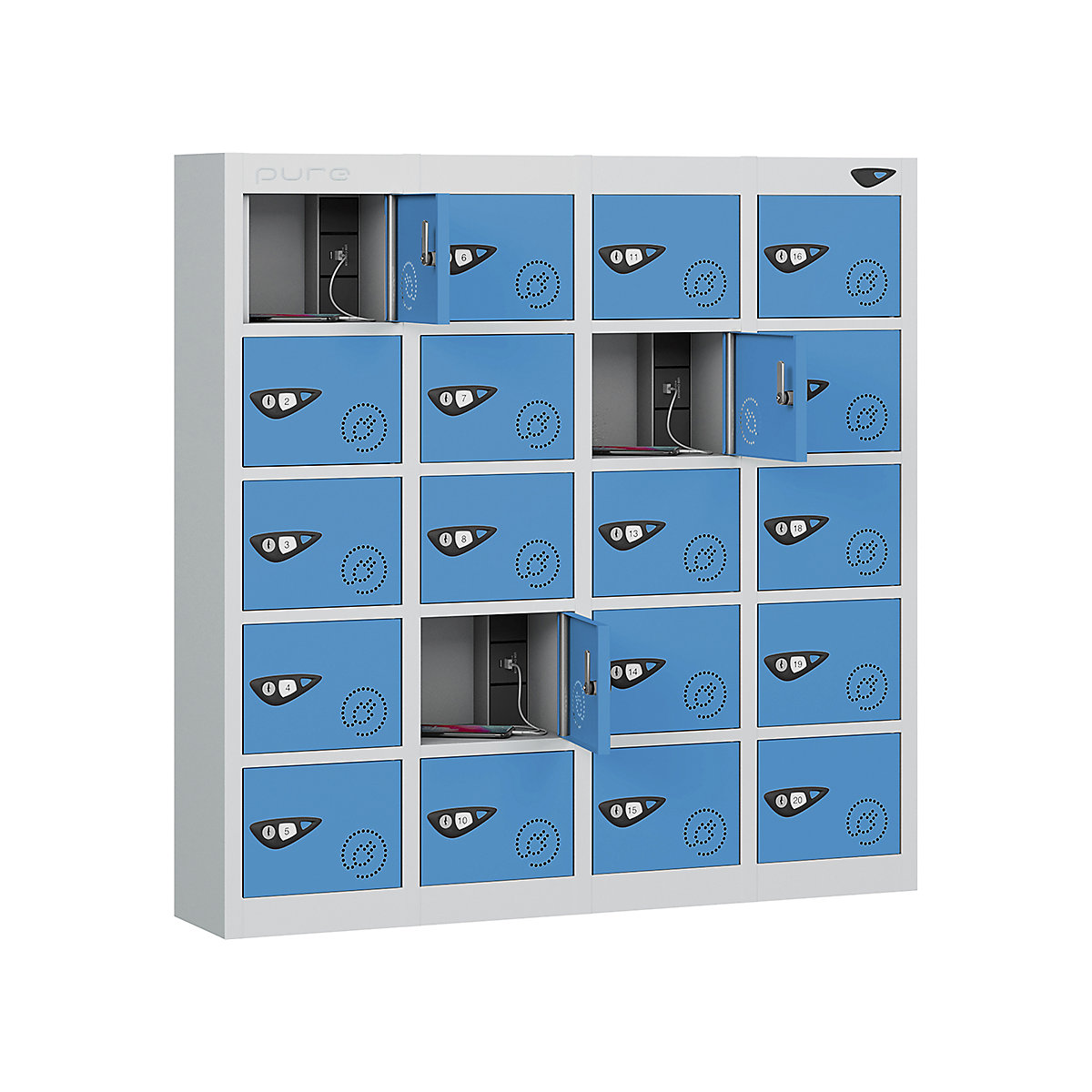 Pure Power Mobile Phone Charging Lockers, Pure Power Mobile Phone Charging Lockers, Pure Power Mobile Phone Charging Locker | 20 Door | Dual USBa & USBc Port | 1000h x 900w x 380d mm | Mechanical Combination Lock | Cobalt Blue Door-2