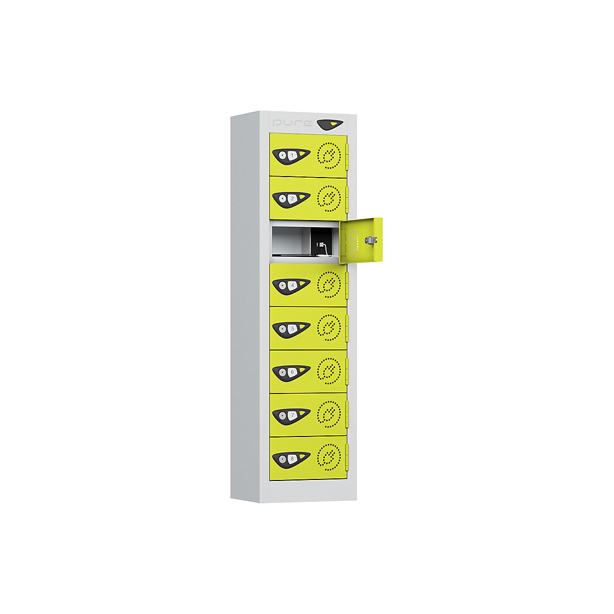 Pure Power Mobile Phone Charging Lockers, Pure Power Mobile Phone Charging Lockers, Pure Power Mobile Phone Charging Locker | 8 Door Locker | Standard UK 3-Pin Plug | 1005h x 250w x 180d mm | Mechanical Combination Lock | Lime Light Door-7