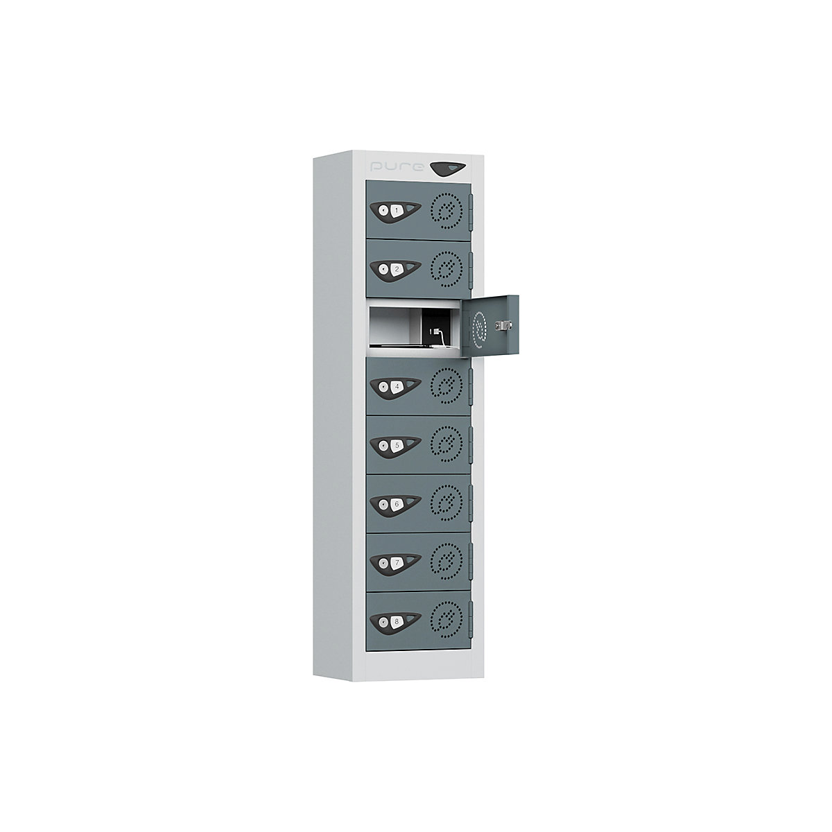 Pure Power Mobile Phone Charging Lockers, Pure Power Mobile Phone Charging Lockers, Pure Power Mobile Phone Charging Locker | 8 Door Locker | Dual USBa & USBc Port | 1005h x 250w x 180d mm | Cam Lock | Slate Grey Door-6