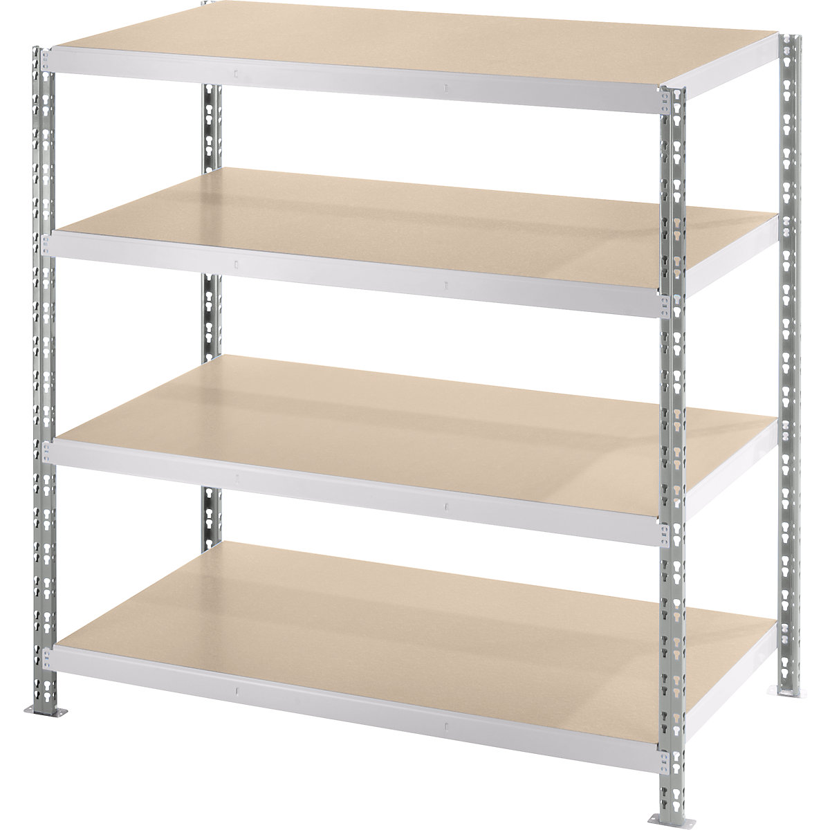 Regał wtykowy o dużych rozmiarach z półkami z płyty wiórowej