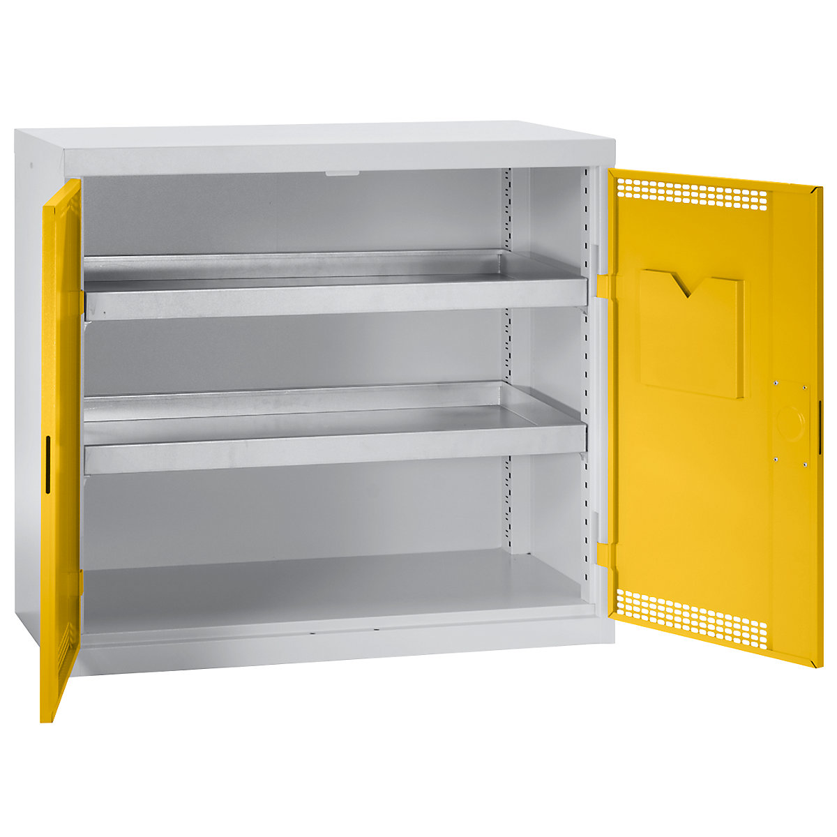 Armadio ecologico con ante forate, alt. x largh. x prof. 900 x 1000 x 500 mm, 2 ripiani a vasca, grigio chiaro / giallo segnaletico-0