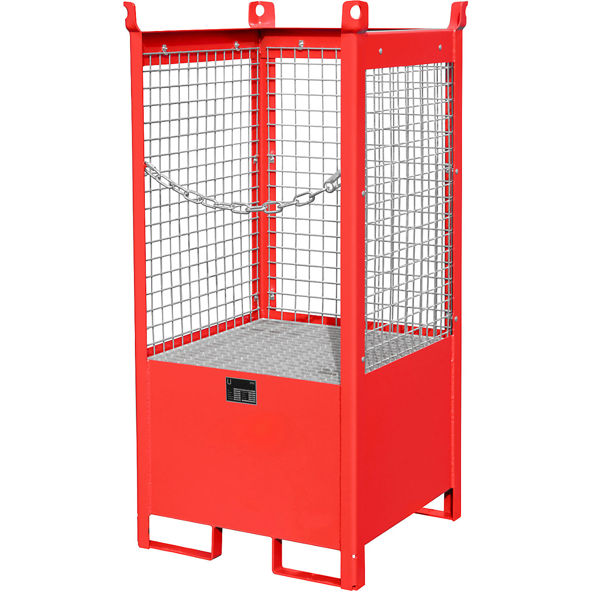 Palette con vasca di raccolta per trasporto e magazzinaggio – eurokraft pro, 3 pareti a griglia, per 1 fusto da 200 l, rosso-0