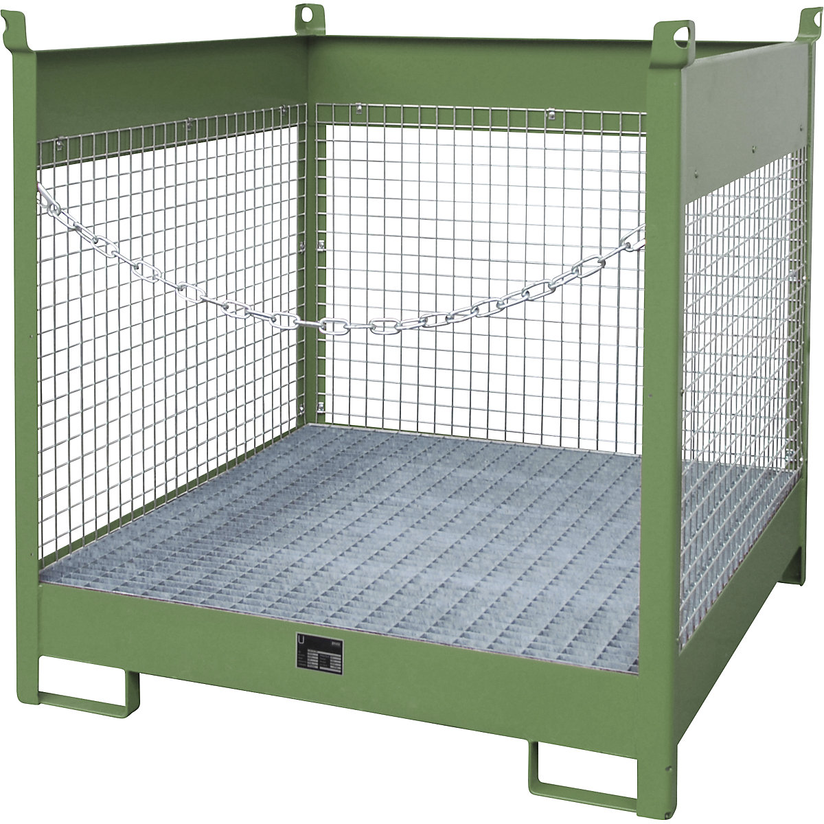 Palette con vasca di raccolta per trasporto e magazzinaggio – eurokraft pro, 3 pareti a griglia, per 4 fusti da 200 l, verde-0
