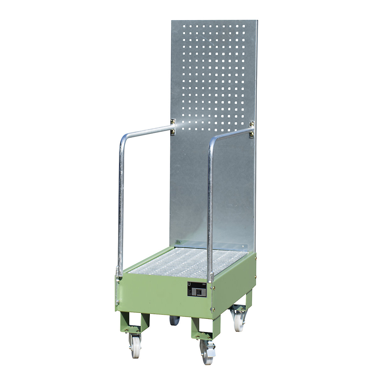 Vasca di raccolta con rotelle con parete forata – eurokraft pro, 2 fusti da 60 l in verticale uno dietro l'altro, lungh. x largh. x alt. 875 x 500 x 1685 mm, verde reseda-0
