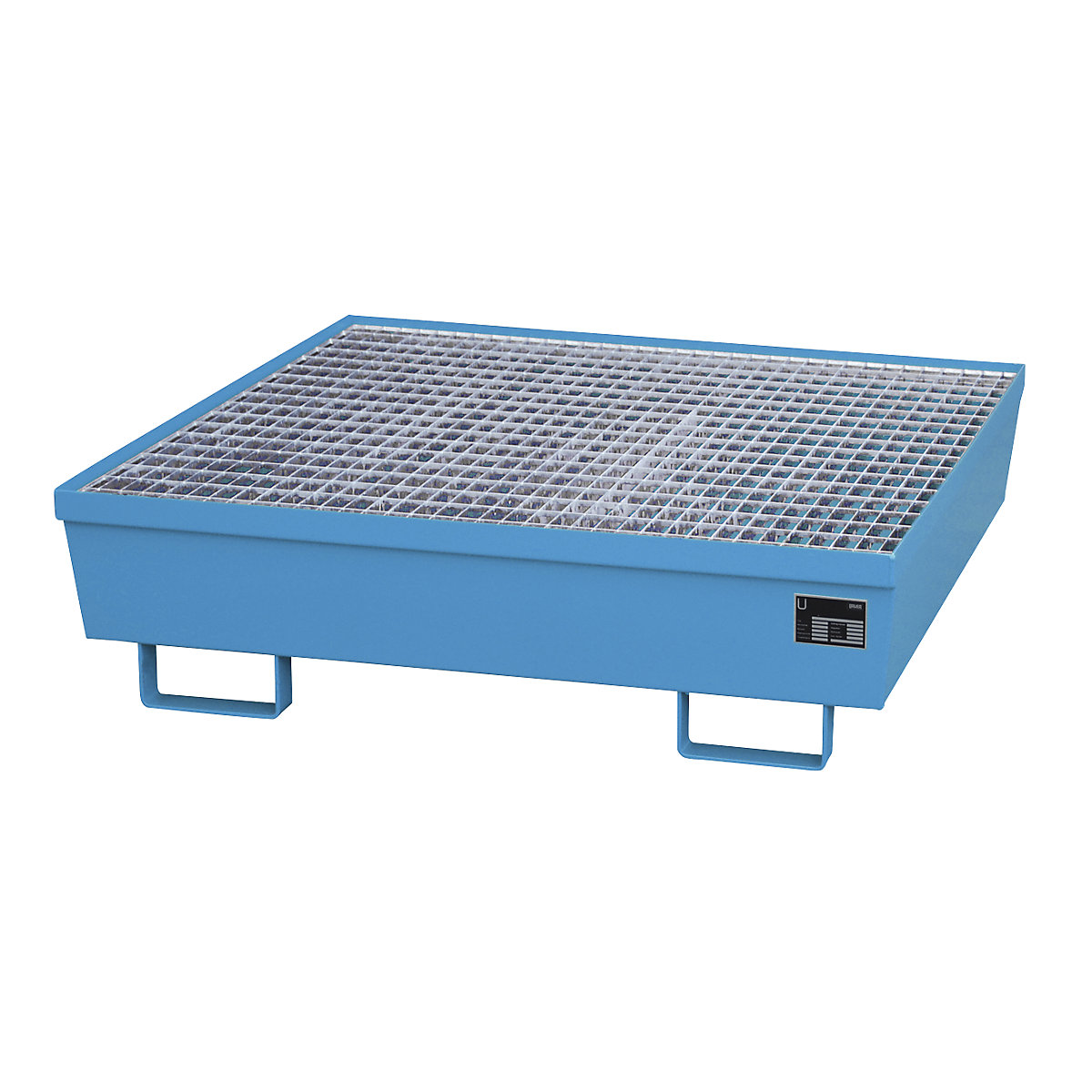 Vasca di raccolta in acciaio con bordo profilato – eurokraft pro, per 4 fusti da 200 l, lungh. x largh. 1200 x 1200 mm, blu RAL 5012-0