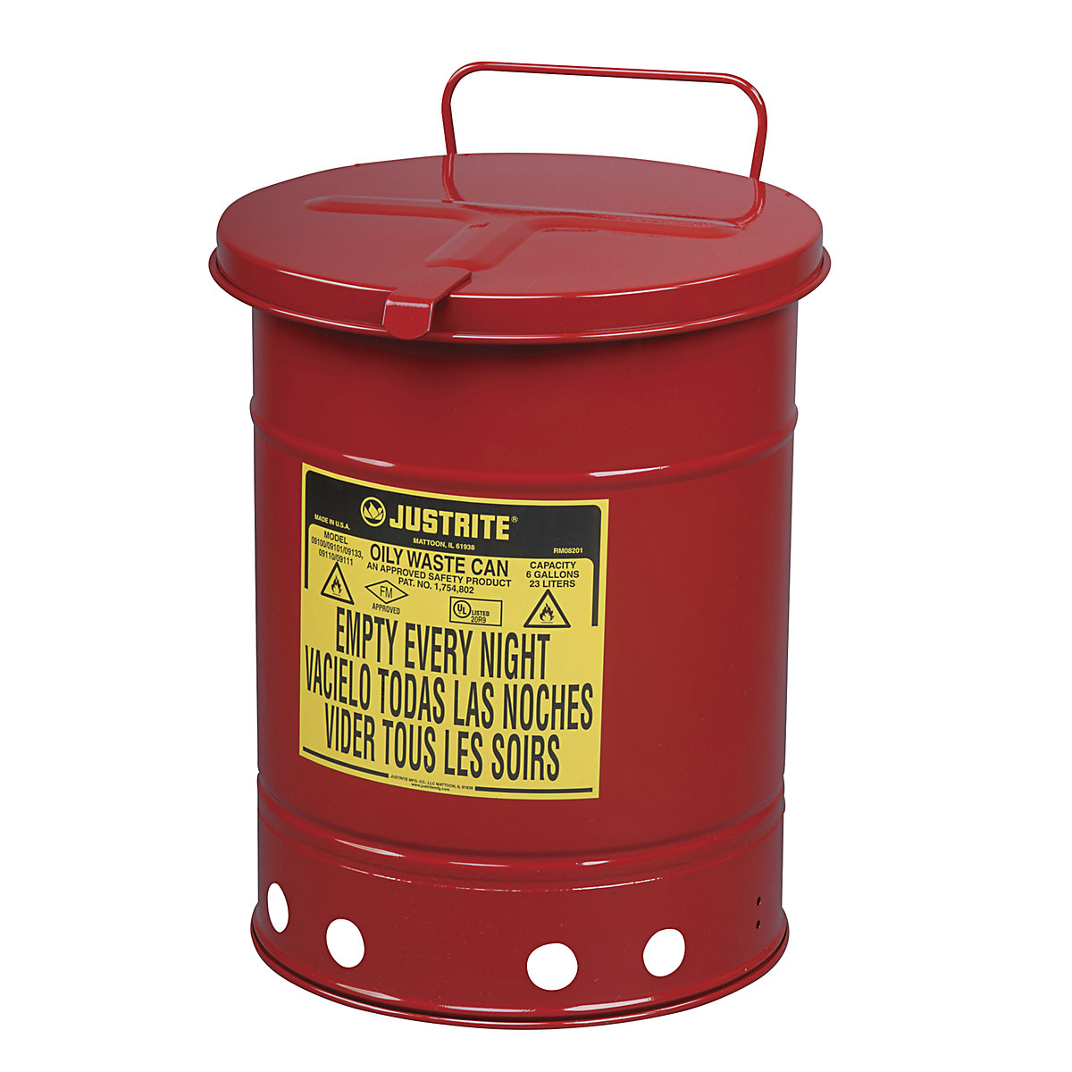 Recipient de siguranță – pentru eliminare din tablă de oțel – Justrite, rotund, cu acționare manuală, volum 80 l-0
