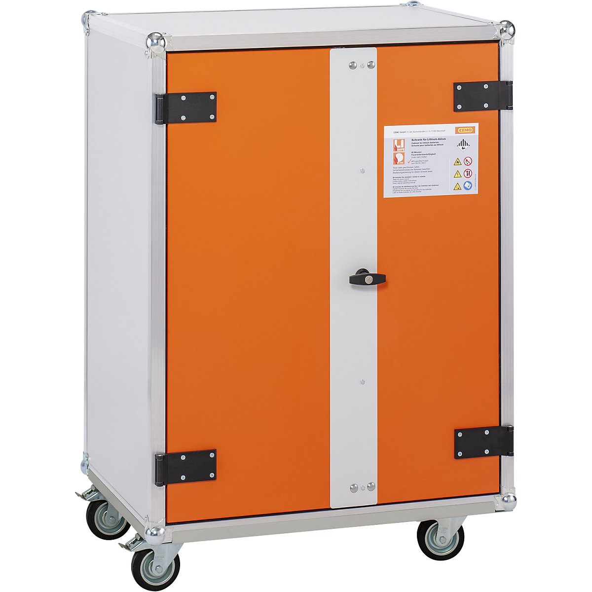 Armoire de sécurité pour le chargement d'accumulateurs BASIC – CEMO, avec roulettes, hauteur 1150 mm, 230 V, orange/gris-1