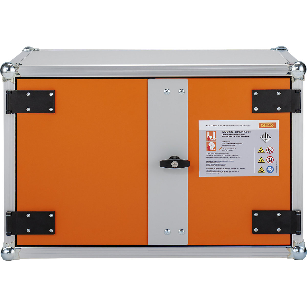 Armoire de sécurité pour le stockage d'accumulateurs pour systèmes d'alarme incendie – CEMO, l x p 830 x 660 mm, sans pieds-1