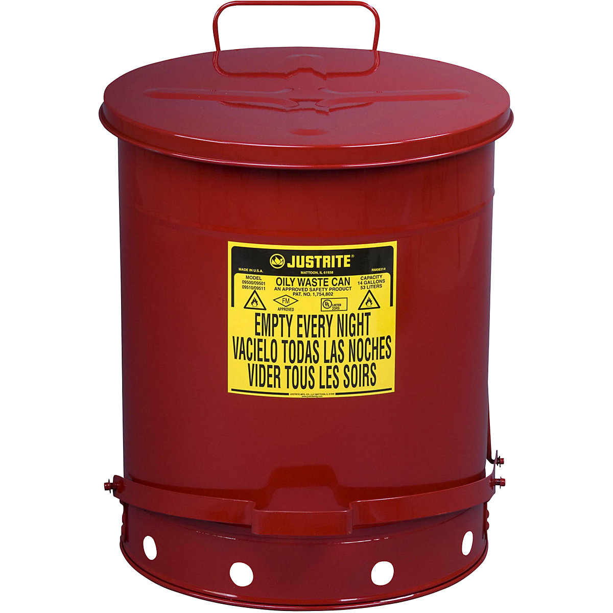 Recipiente de segurança para resíduos em chapa de aço – Justrite, redondo, com pedal, capacidade 53 l-0