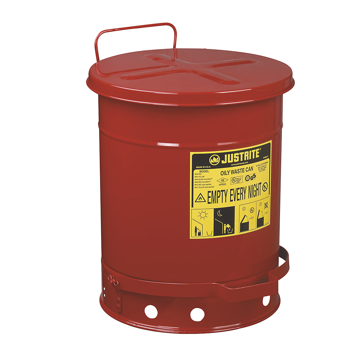 Recipiente de segurança para resíduos em chapa de aço – Justrite, redondo, com pedal, volume 34 l-0