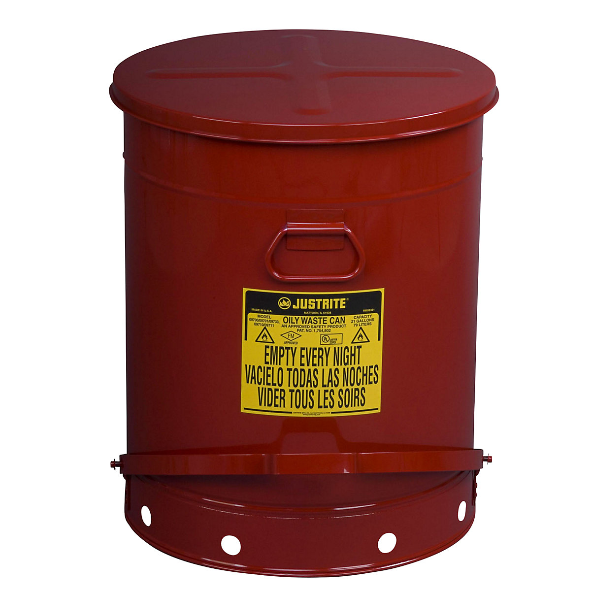 Recipiente de segurança para resíduos em chapa de aço – Justrite, redondo, com pedal, capacidade 79 l-0
