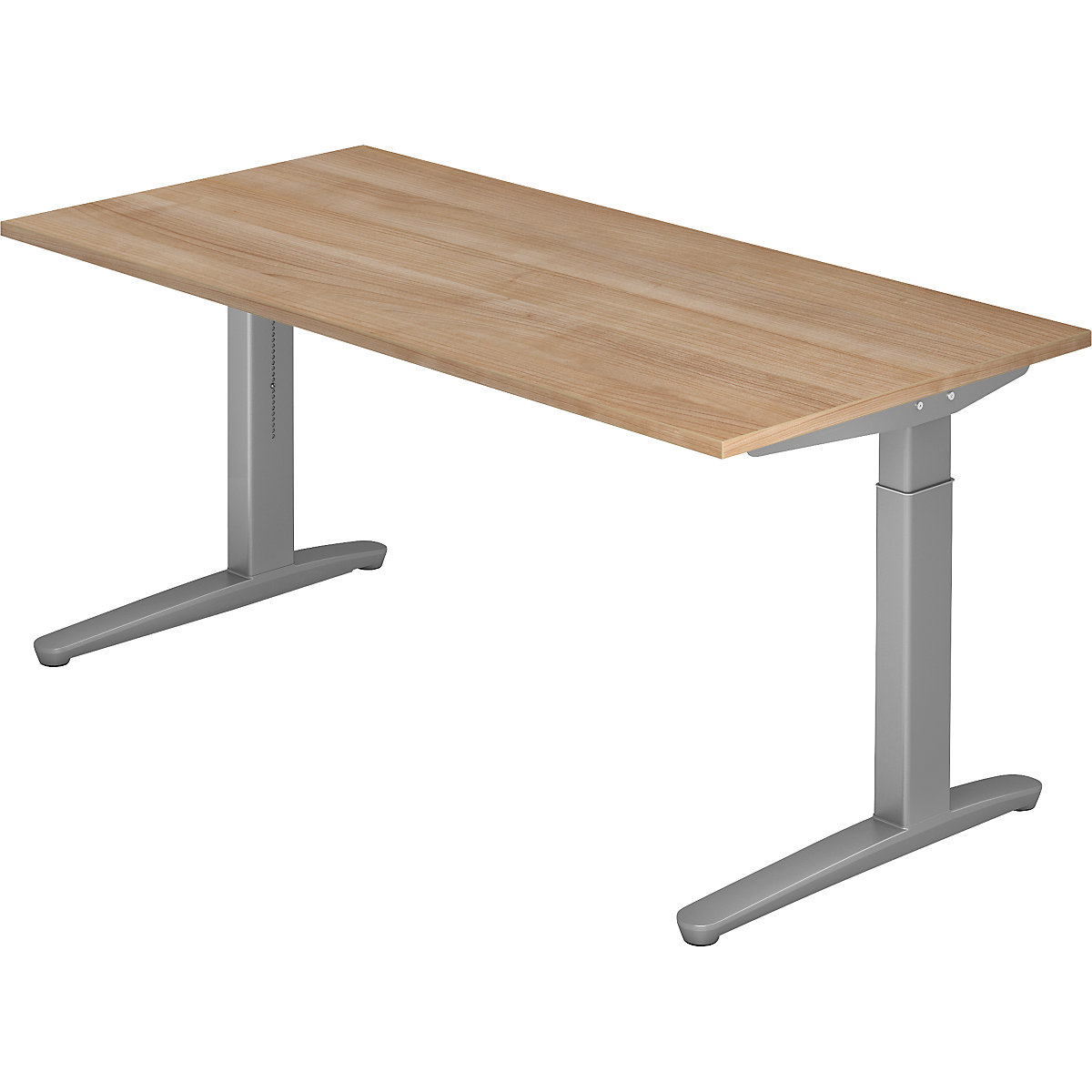Biurko ze szkieletem z ceownika ANNY – eurokraft pro, z regulacją wysokości w zakresie 650 – 850 mm, szer. 1600 mm, imit. drewna orzechowego / białe aluminium-0