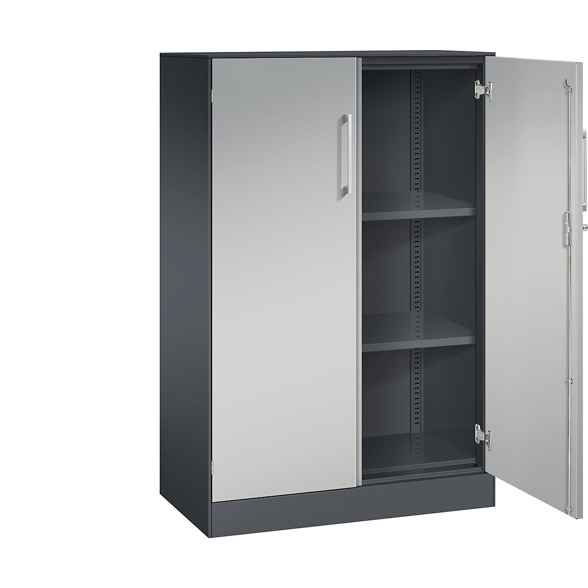 Szafa z drzwiami skrzydłowymi ASISTO, wys. 1292 mm – C+P, szer. 800 mm, 2 półki, czarno-szary/białe aluminium-0