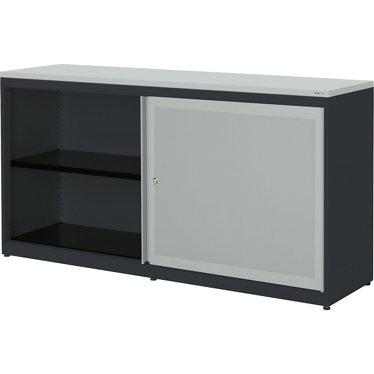 Szafa z przesuwnymi drzwiami, dźwiękochłonna – mauser, płyta z tworzywa, wys. x szer. x głęb. 830 x 1600 x 432 mm, 2 x 1 półka, antracytowo-szary / jasnoszary / jasnoszary-0