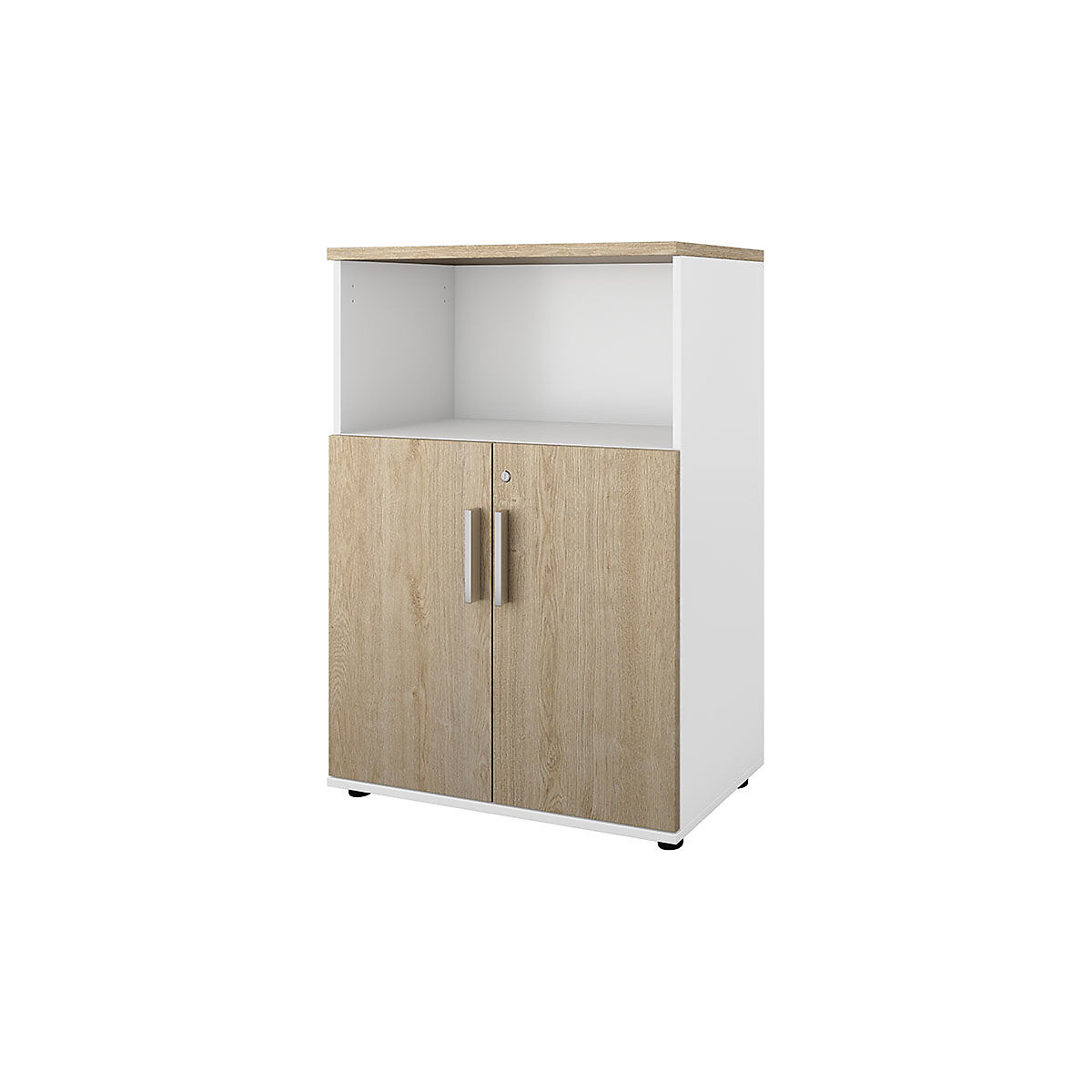 Szafka Portland, szer. x głęb. 800 x 420 mm, wys. 1138 mm, wys. drzwi 700 mm, biały szczotkowany / dąb-0