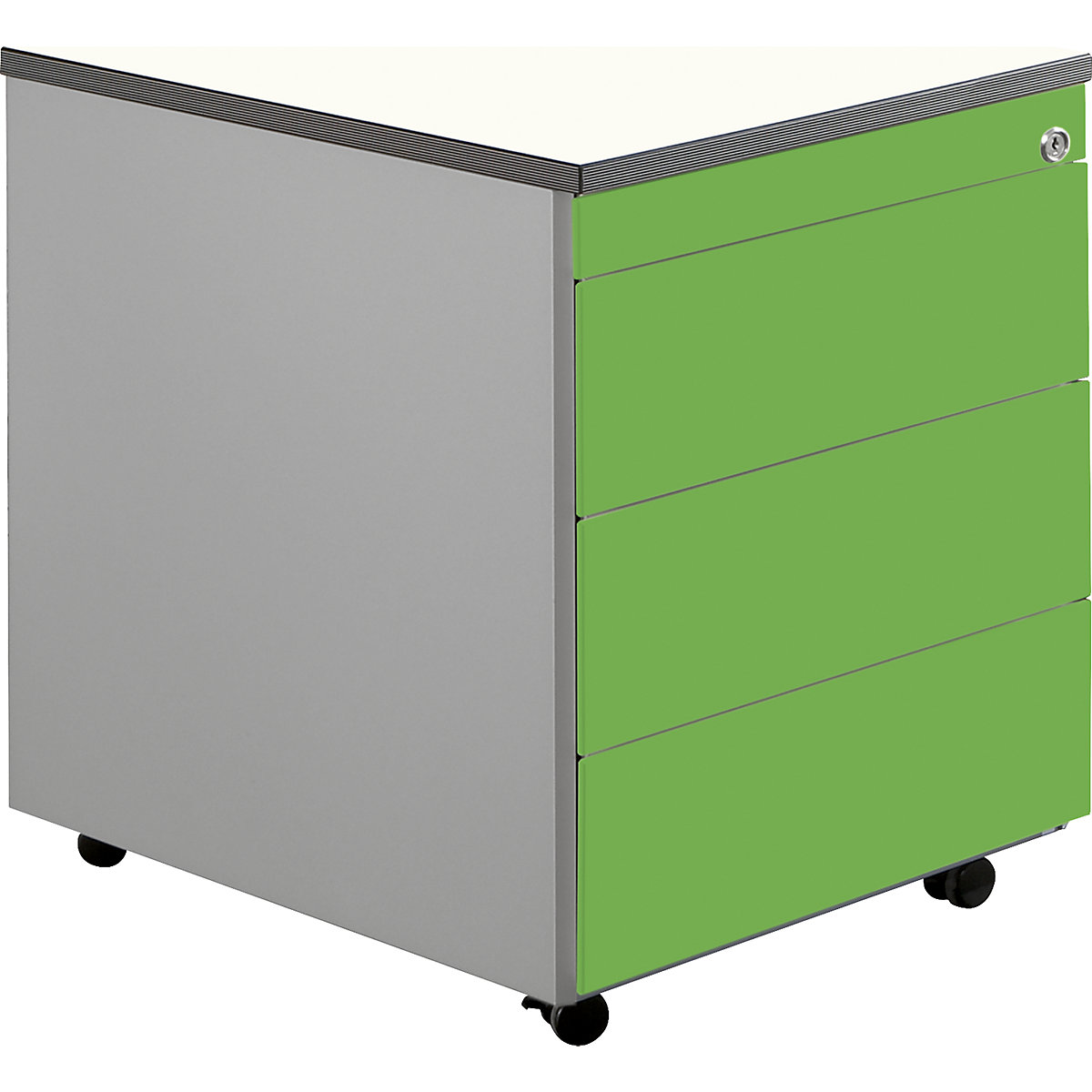 Kontener szufladowy na rolkach – mauser, wys. x głęb. 579 x 600 mm, płyta z tworzywa, 3 szuflady, białe aluminium / żółto-zielony / biały-0