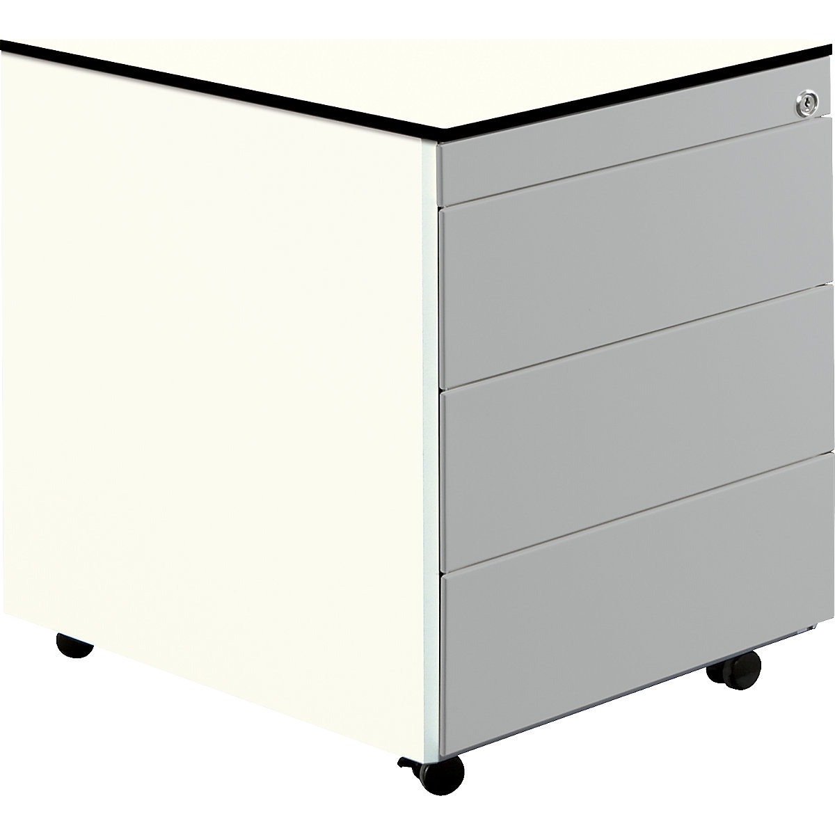 Kontener szufladowy na rolkach – mauser, wys. x głęb. 573 x 600 mm, płyta pełna z HPL, 3 szuflady, biały / białe aluminium / biały-0