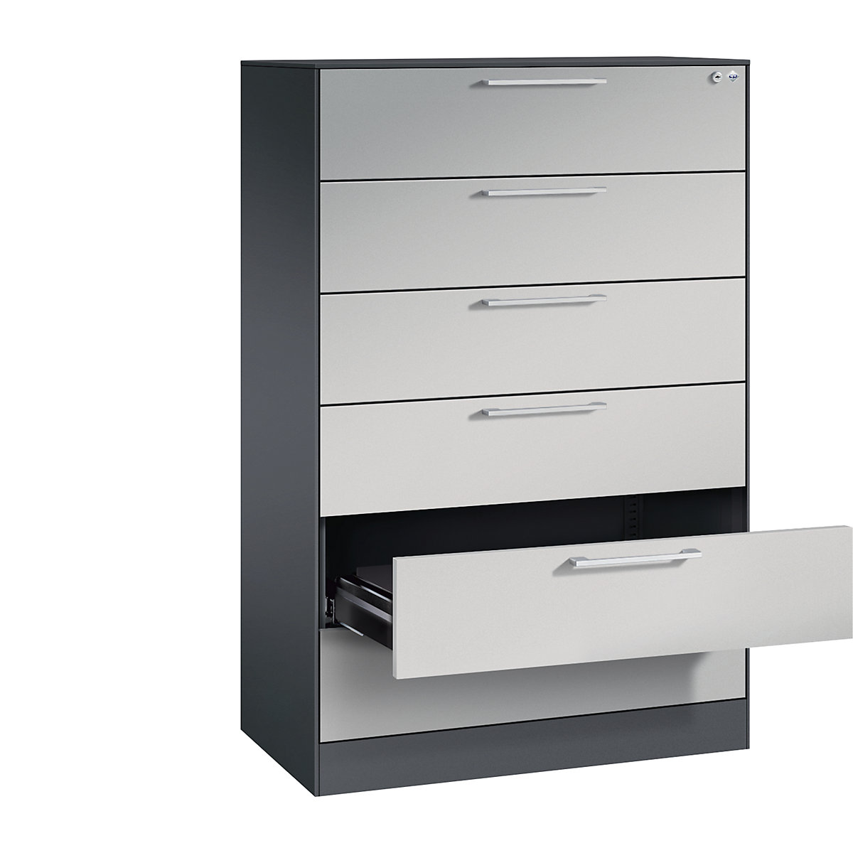 Szafka na kartotekę ASISTO – C+P, wys. 1292 mm, z 6 szufladami, DIN A5 poziomo, czarno-szary/białe aluminium-0