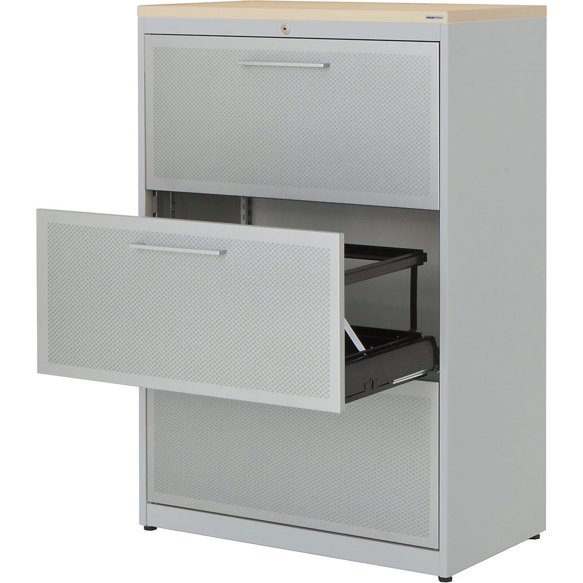 Szafka na kartotekę wiszącą – mauser, 3 szuflady, dwurzędowe, białe aluminium / białe aluminium / klon-0