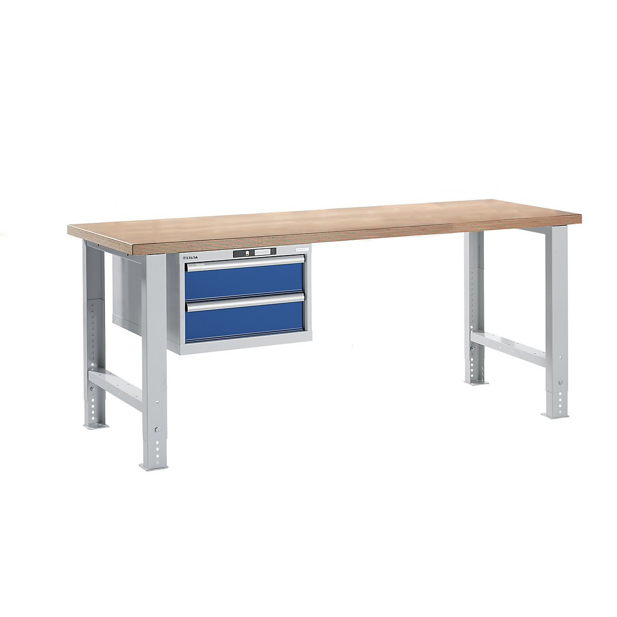 Banc de lucru în sistem modular – LISTA, înălțime 740 – 1090 mm, dulap suspendat, 2 sertare, albastru gențiană, lățime masă 2000 mm-0