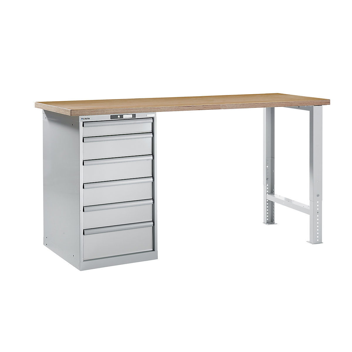 Banc de lucru în sistem modular – LISTA, înălțime 1040 mm, dulap de bază, 6 sertare, gri deschis, lățime masă 2000 mm-0