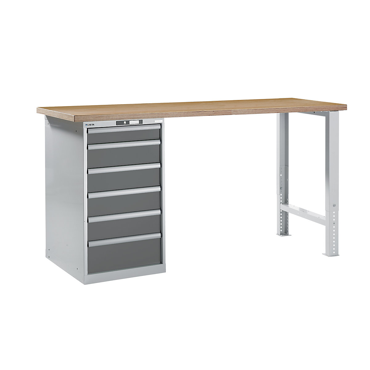 Banc de lucru în sistem modular – LISTA, înălțime 1040 mm, dulap de bază, 6 sertare, gri metalizat, lățime masă 2000 mm-0