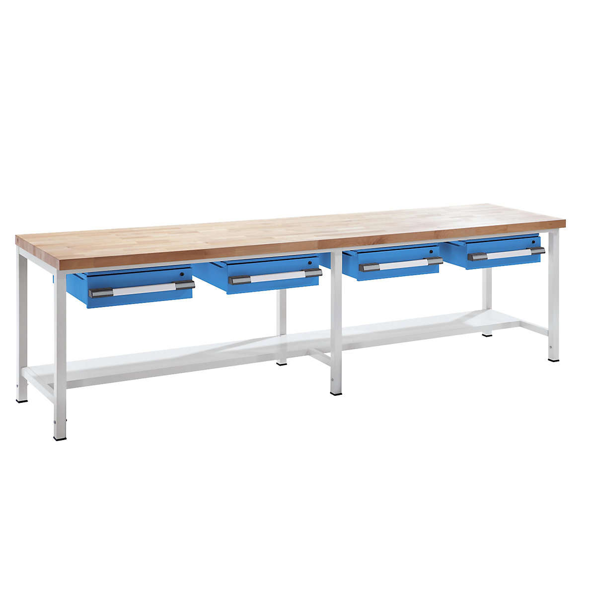 Banc de lucru reglabil pe înălțime, cu cadru – eurokraft pro, cu sertare, lățime 3000 mm, gri / albastru-0