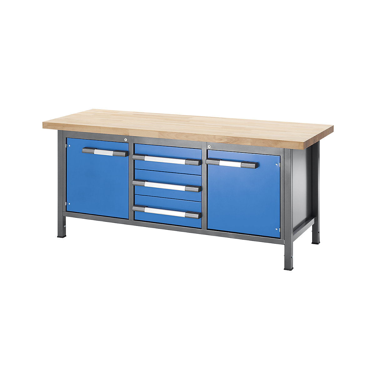 Banc de lucru reglabil pe înălțime, cu cadru – eurokraft pro, 3 sertare, 2 uși cu canaturi, lățime 2000 mm, antracit / albastru-0