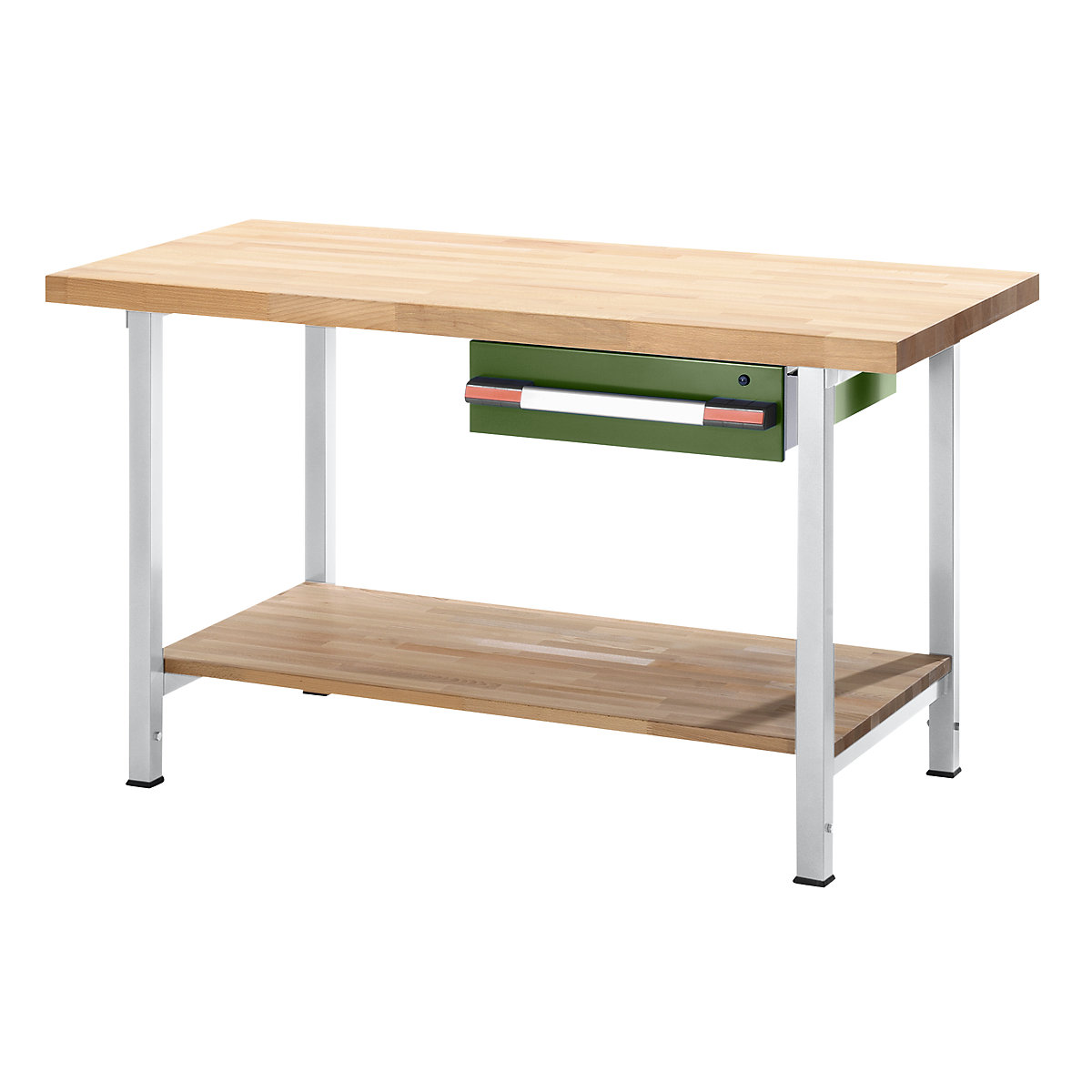 Banc de lucru reglabil pe înălțime, cu cadru – eurokraft pro, 1 sertar, 1 poliță, lățime 1500 mm, gri deschis / verde reseda-0