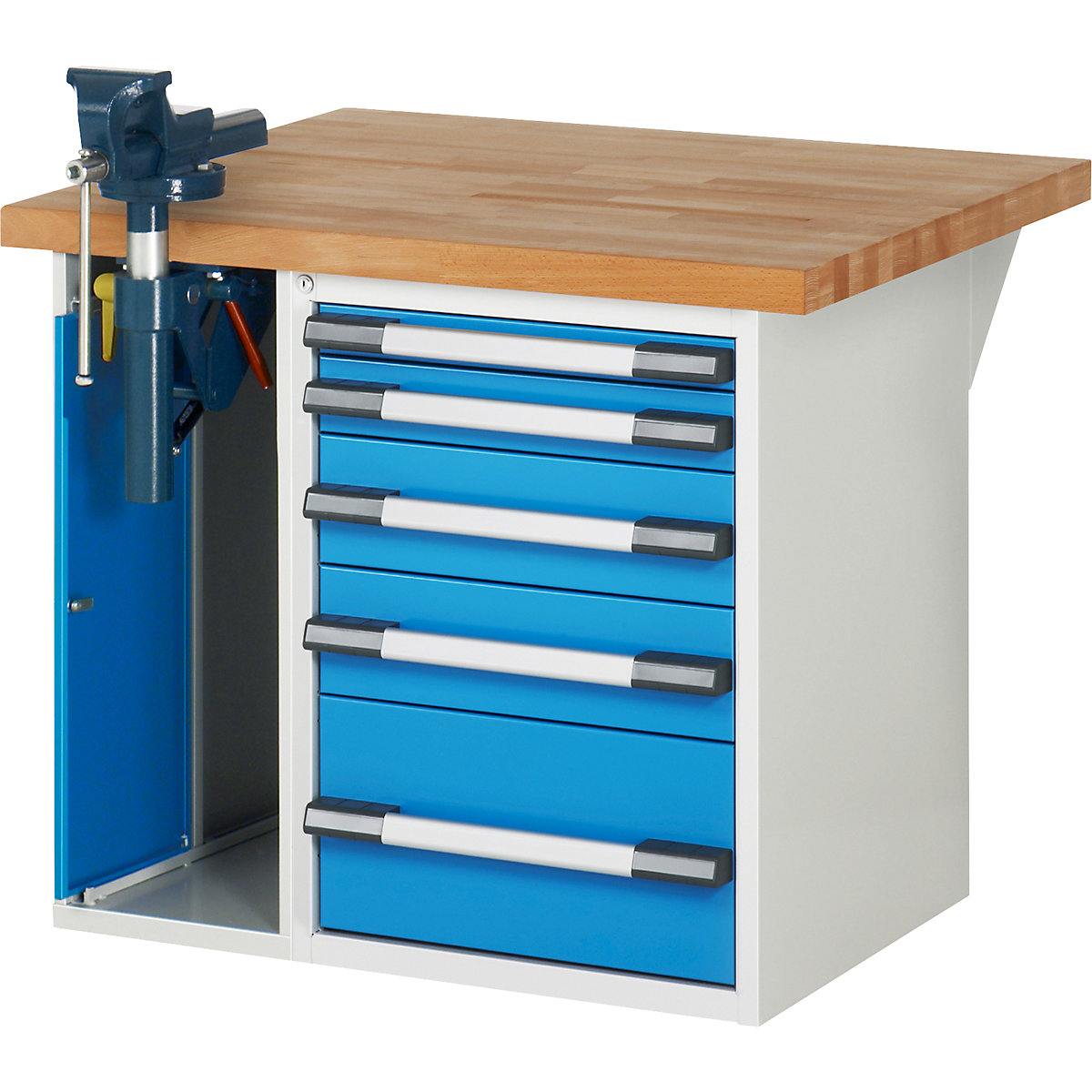 Banc de lucru, sistem modular Serie 7000 – eurokraft pro, 5 sertare, 1 menghină pe partea stângă, lăț. x ad. 1000 x 900 mm-0
