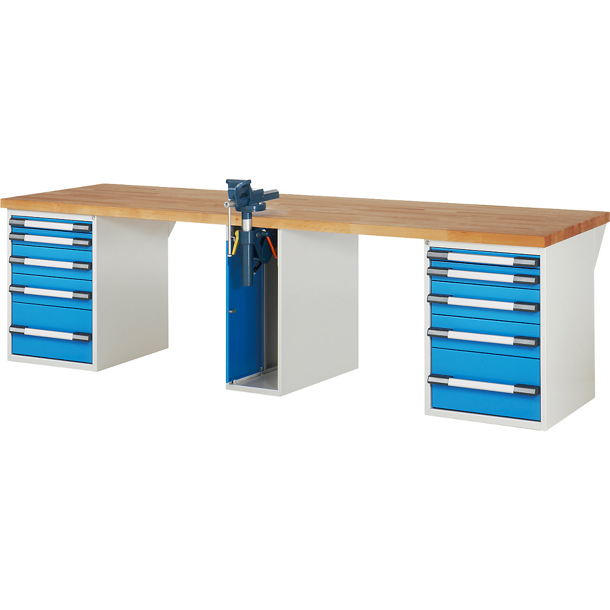 Banc de lucru, sistem modular Serie 7000 – eurokraft pro, 10 sertare, 1 menghină pe mijloc, lăț. x ad. 3000 x 900 mm-0