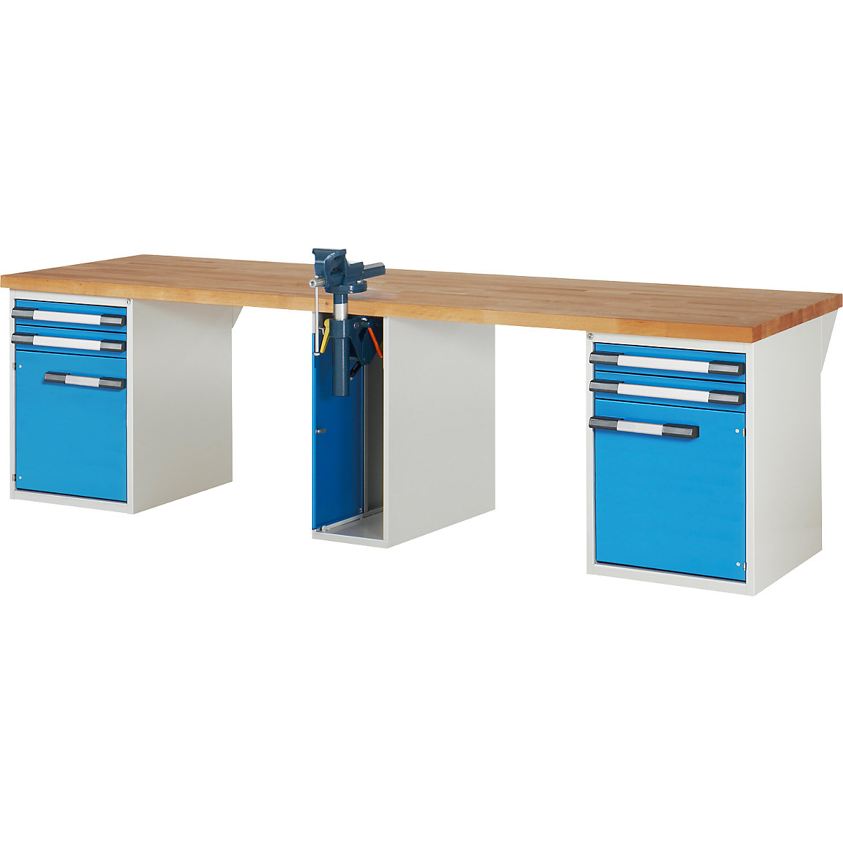 Banc de lucru, sistem modular Serie 7000 – eurokraft pro, 4 sertare, 2 uși, 1 menghină pe mijloc, lăț. x ad. 3000 x 900 mm-0