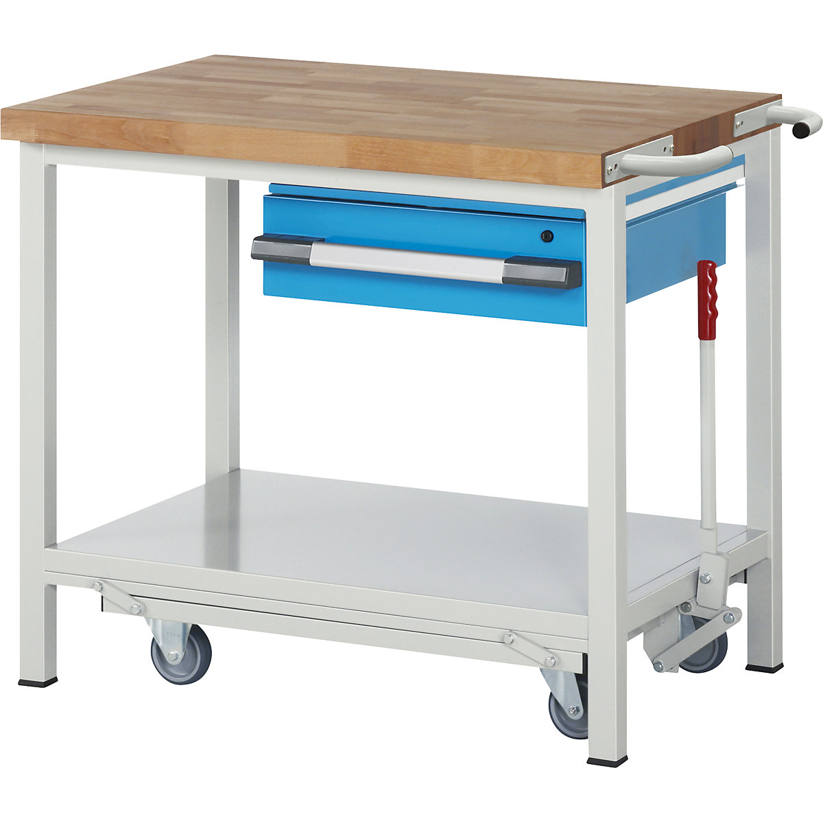 Banc de lucru mobil și cu posibilitate de coborâre, cu cadru, Serie 8000 – eurokraft pro, 1 sertar suspendat, poliță, lăț. x ad. 1000 x 700 mm-0