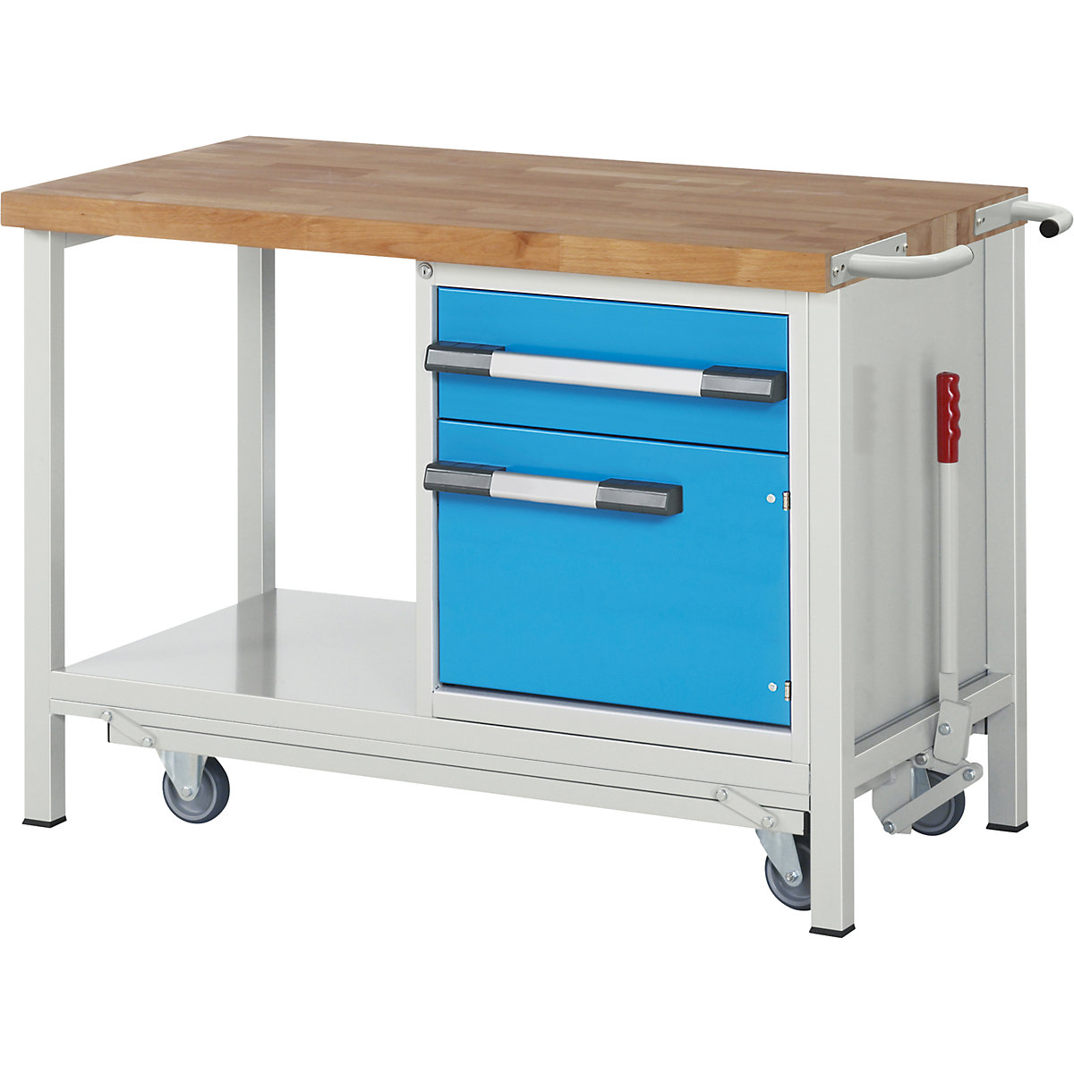 Banc de lucru mobil și cu posibilitate de coborâre, cu cadru, Serie 8000 – eurokraft pro, 1 sertar, 1 ușă, poliță, lăț. x ad. 1250 x 700 mm-0