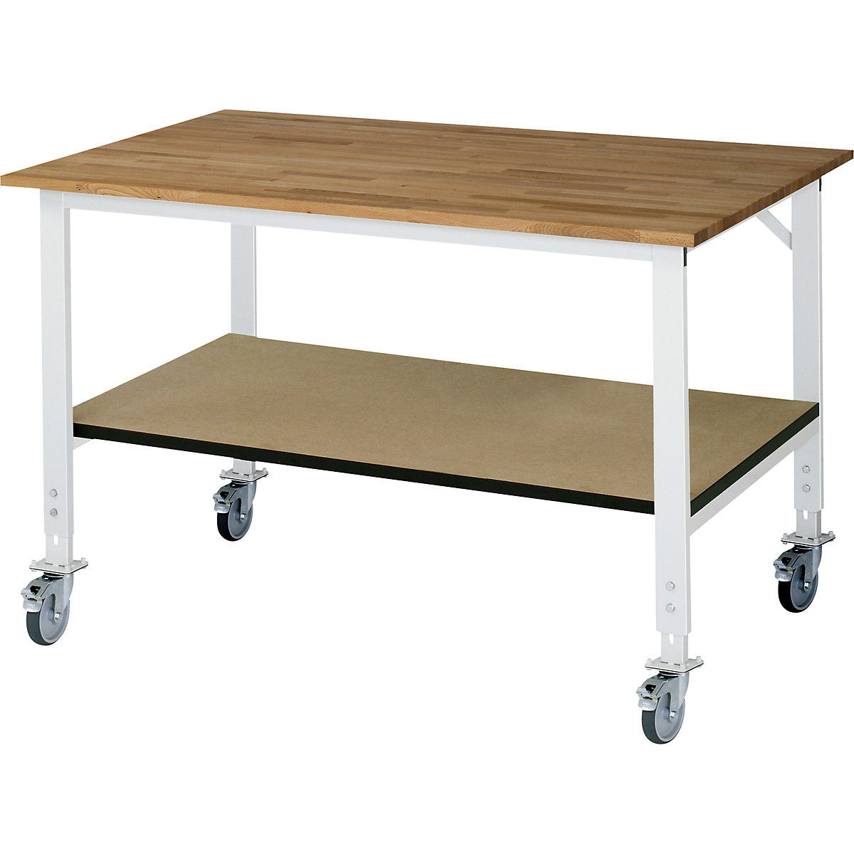 Masă de lucru cu poliță, mobilă – RAU, blat din lemn de fag, grosime 25 mm, lăț. x ad. 1500 x 1000 mm-0