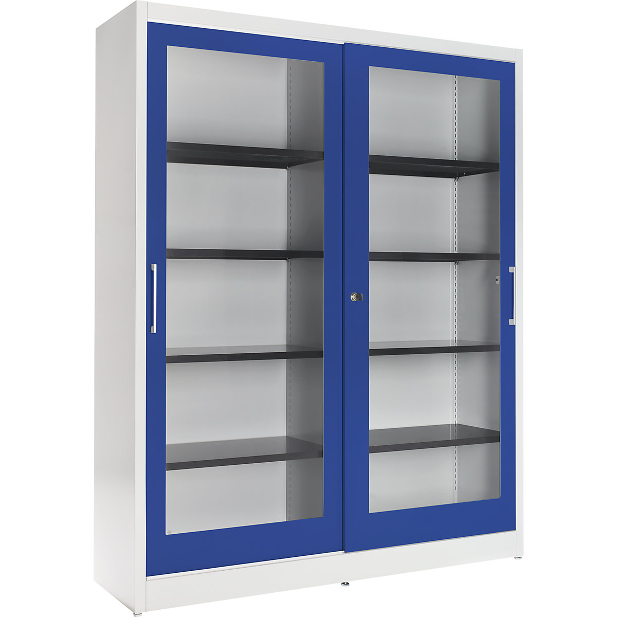 Armário com portas de correr – mauser, com frente em vidro, 8 prateleiras, separador central, AxLxP 1965 x 1600 x 420 mm, cinzento claro / azul ultramarino-0