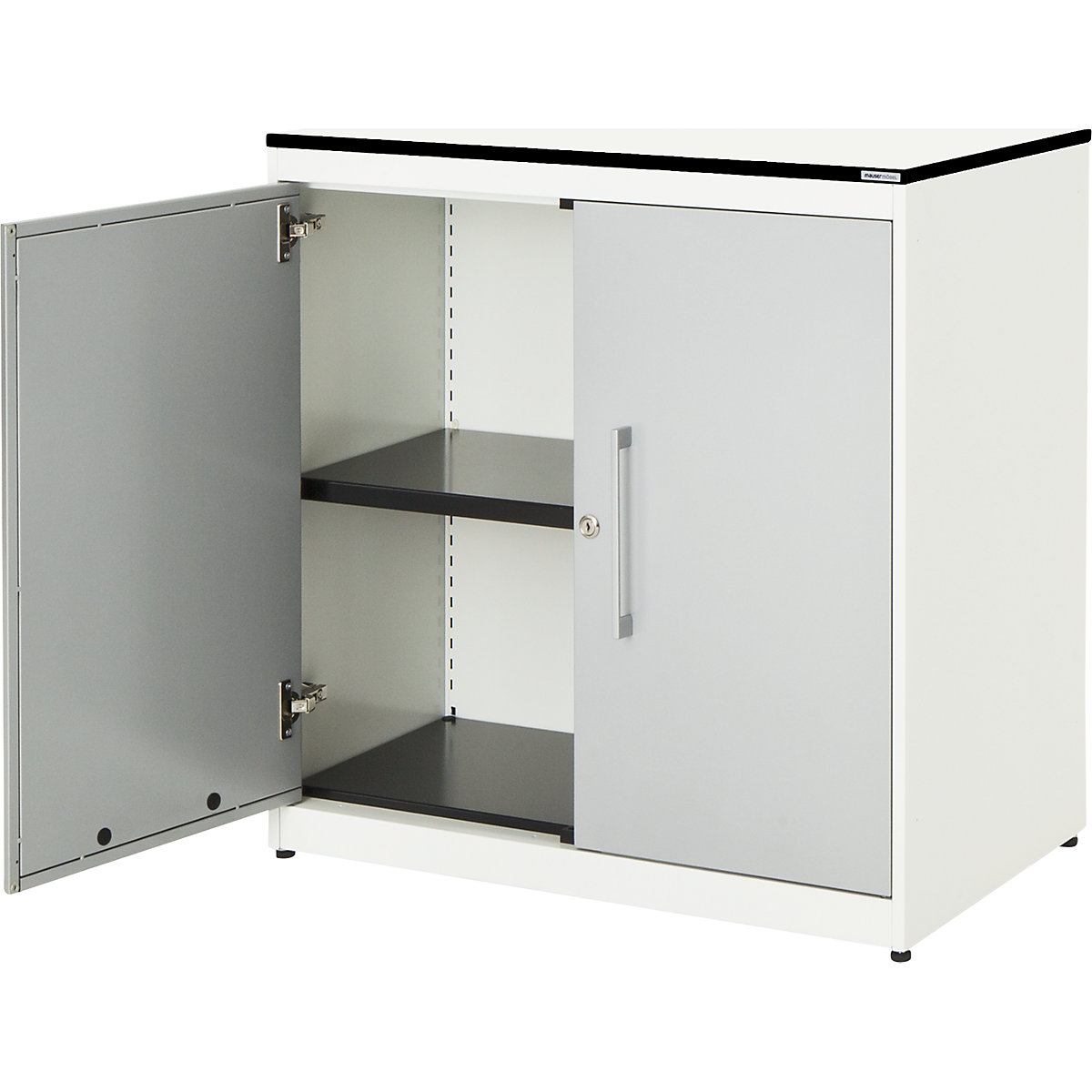 Armário de portas de batente – mauser, AxL 818 x 800 mm, tampo maciço em HPL, 1 prateleira, branco puro/cinza alumínio/branco-0