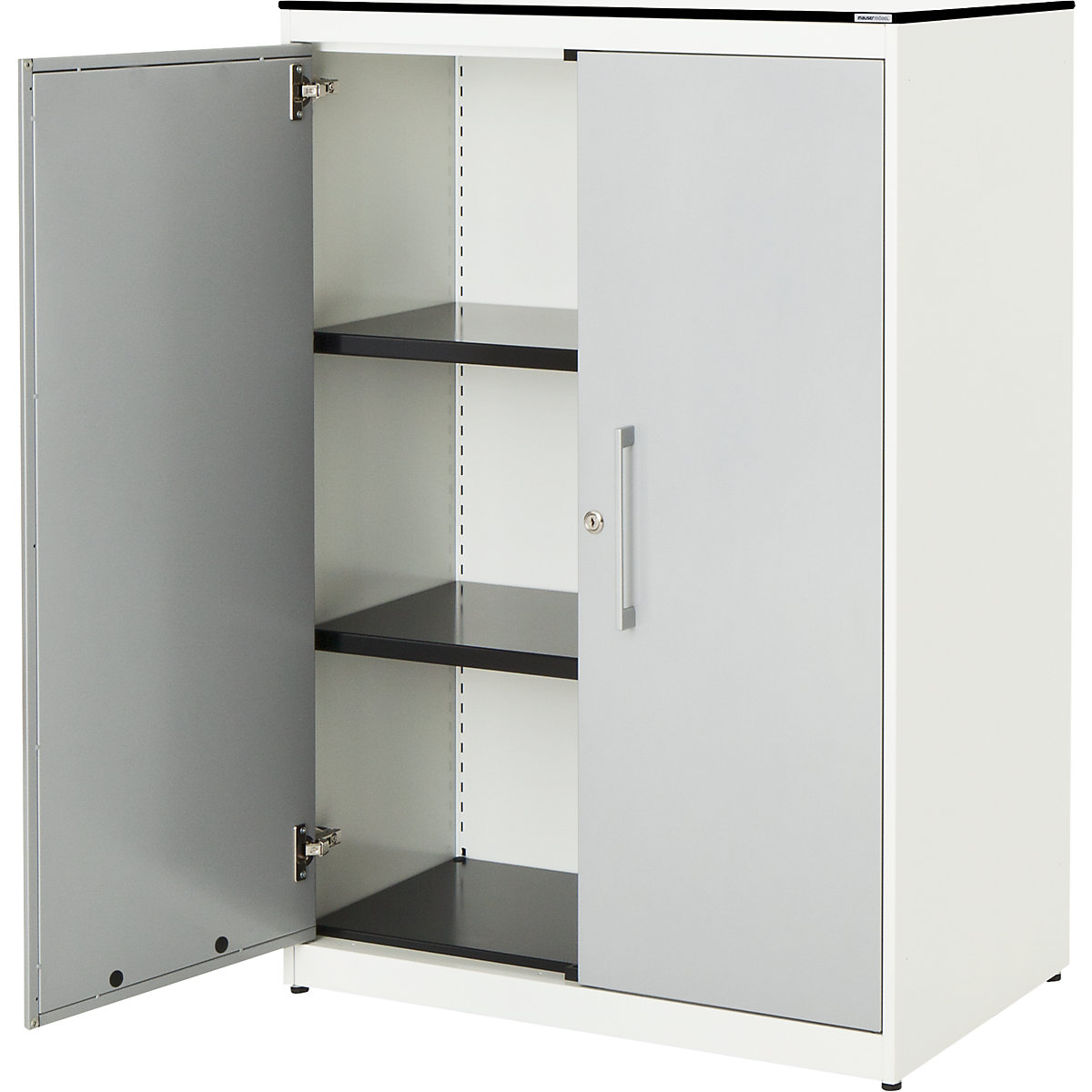 Armário de portas de batente – mauser, AxL 1168 x 800 mm, tampo maciço em HPL, 2 gavetas, branco puro/cinza alumínio/branco-0