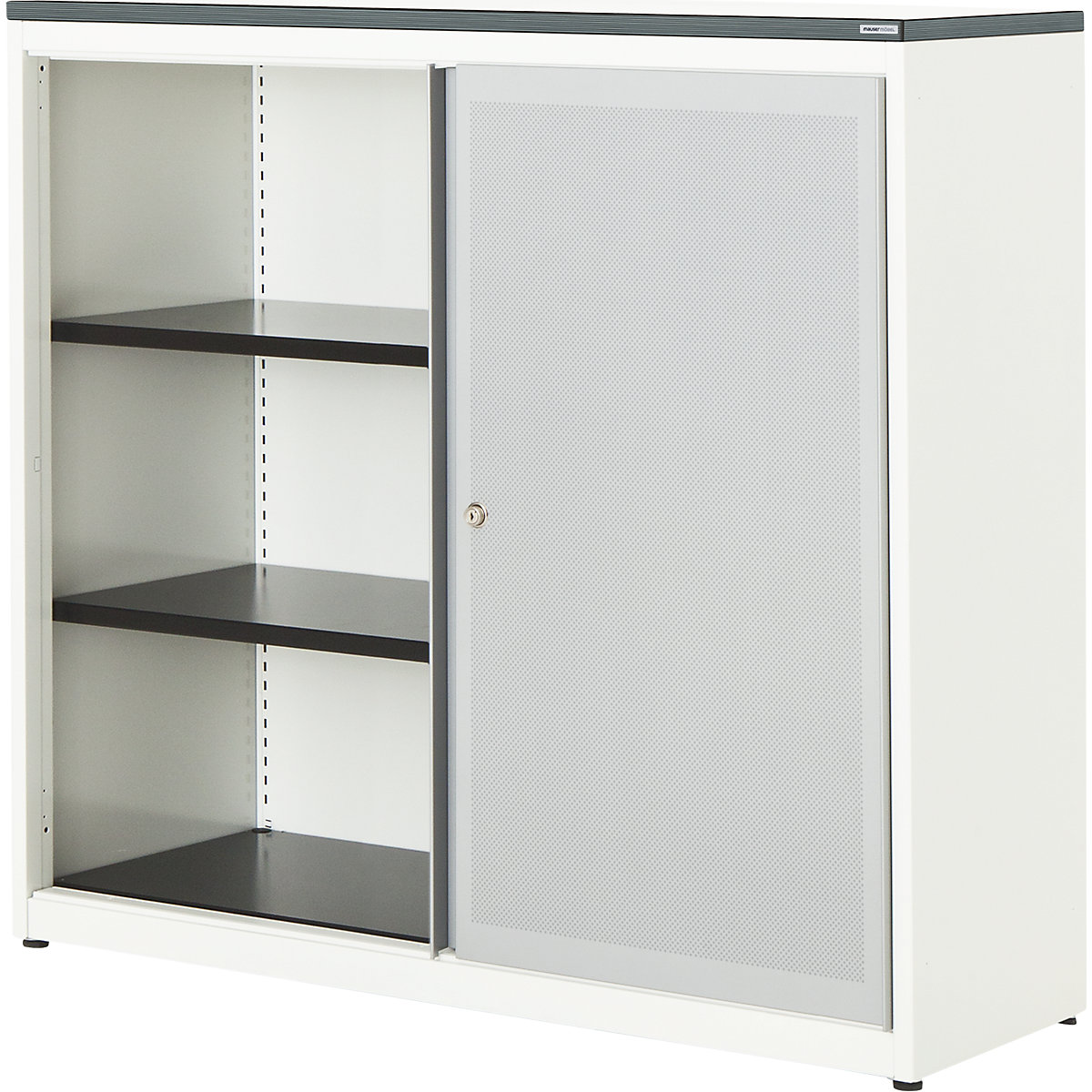 Armário de portas de correr, silencioso – mauser, placa em plástico, AxLxP 1180 x 1200 x 432 mm, 2 prateleiras, branco puro/cinza alumínio/branco-0