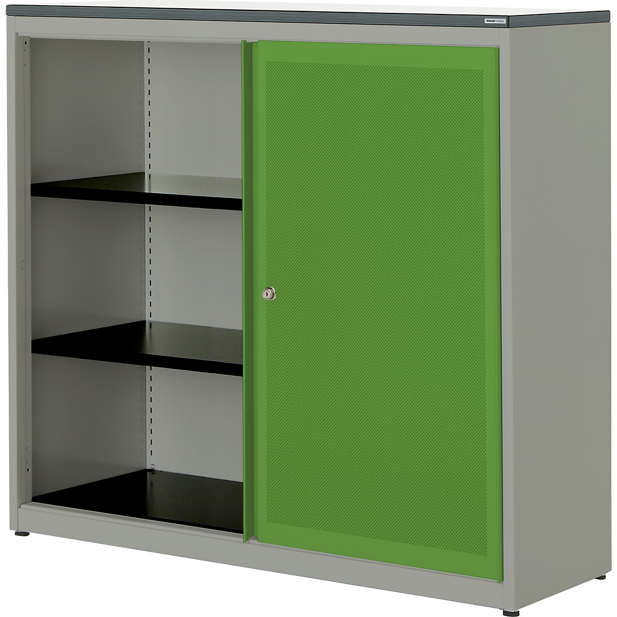 Armário de portas de correr, silencioso – mauser, placa em plástico, AxLxP 1180 x 1200 x 432 mm, 2 prateleiras, cinza alumínio/verde amarelado/branco-0