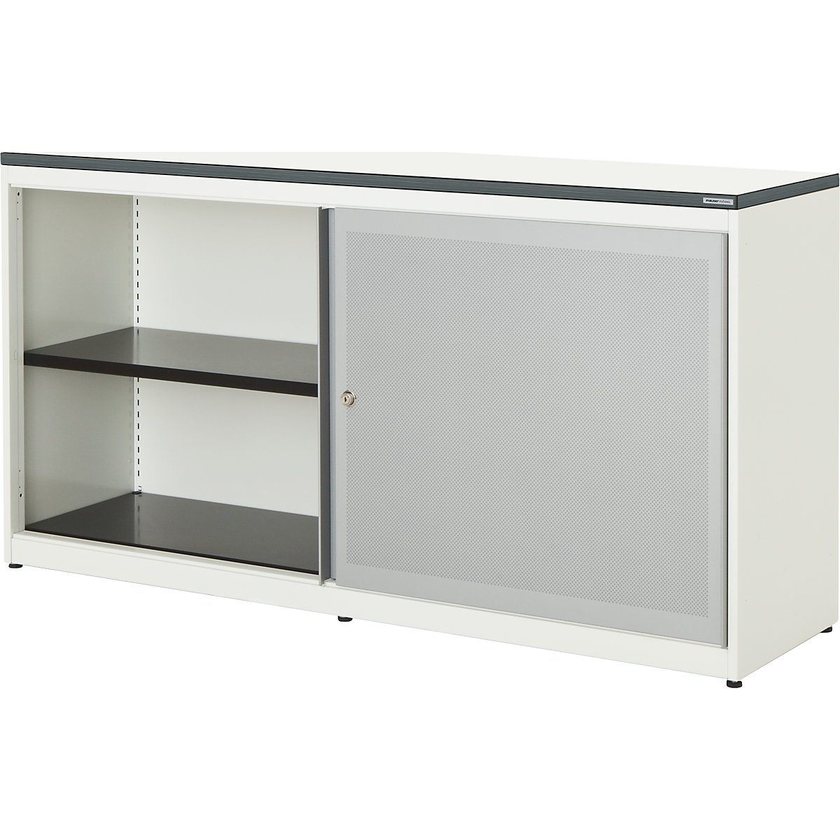 Armário de portas de correr, silencioso – mauser, placa em plástico, AxLxP 830 x 1600 x 432 mm, 2 x 1 prateleira, branco puro/cinza alumínio/branco-0