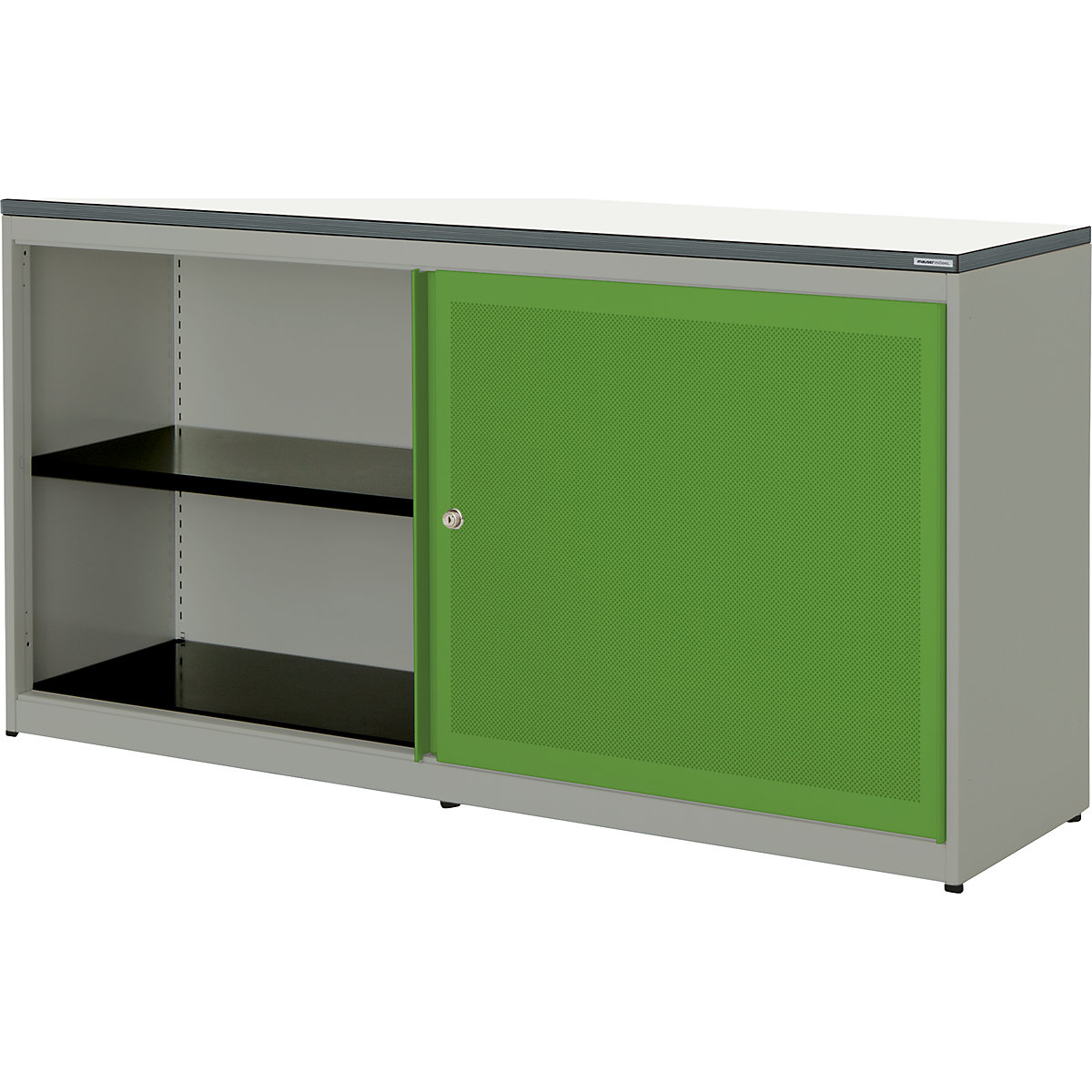Armário de portas de correr, silencioso – mauser, placa em plástico, AxLxP 830 x 1600 x 432 mm, 2 x 1 prateleira, cinza alumínio/verde amarelado/branco-0