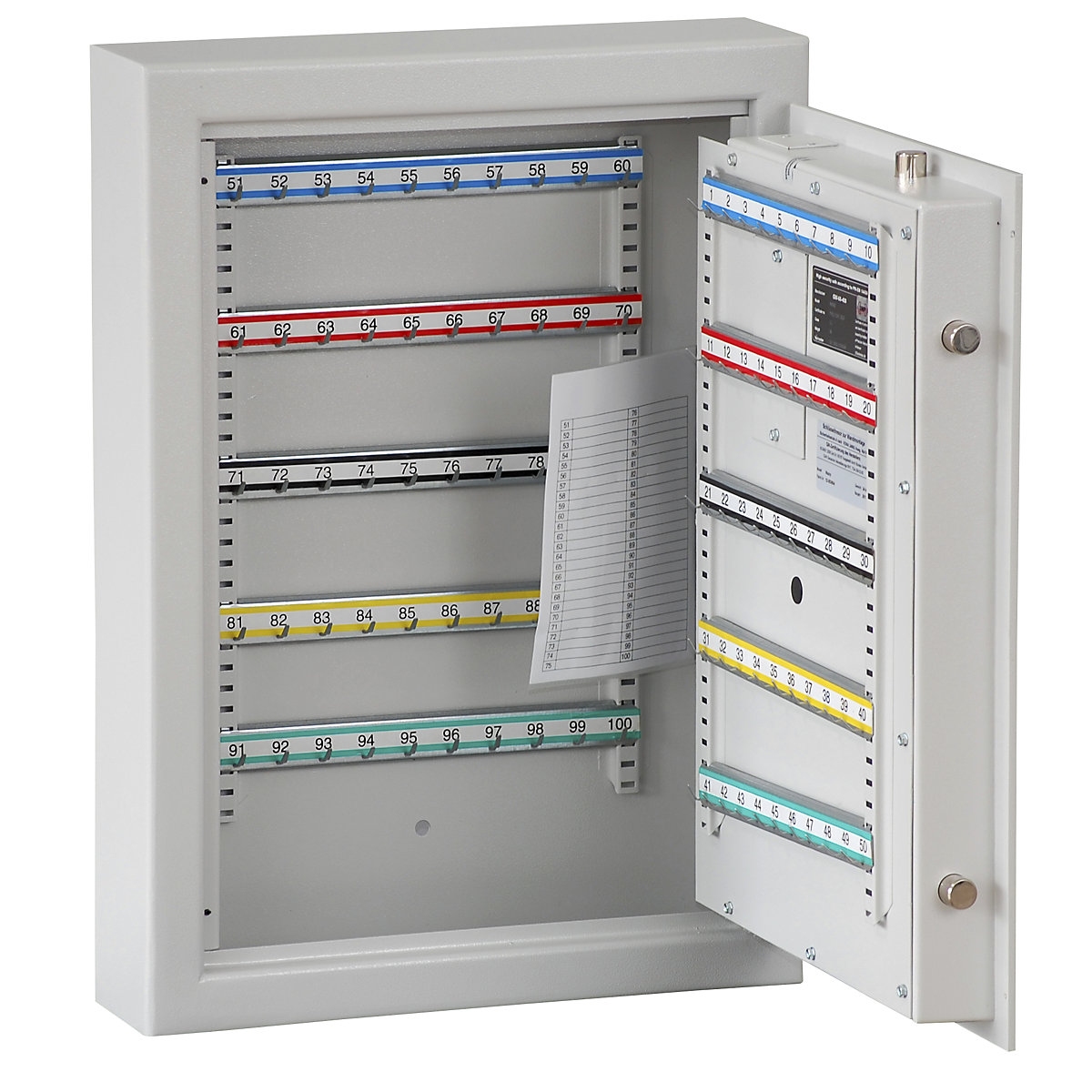Cofre para chaves, cinzento claro, réguas de ganchos ajustáveis, 100 ganchos, AxLxP 636 x 460 x 120 mm-0